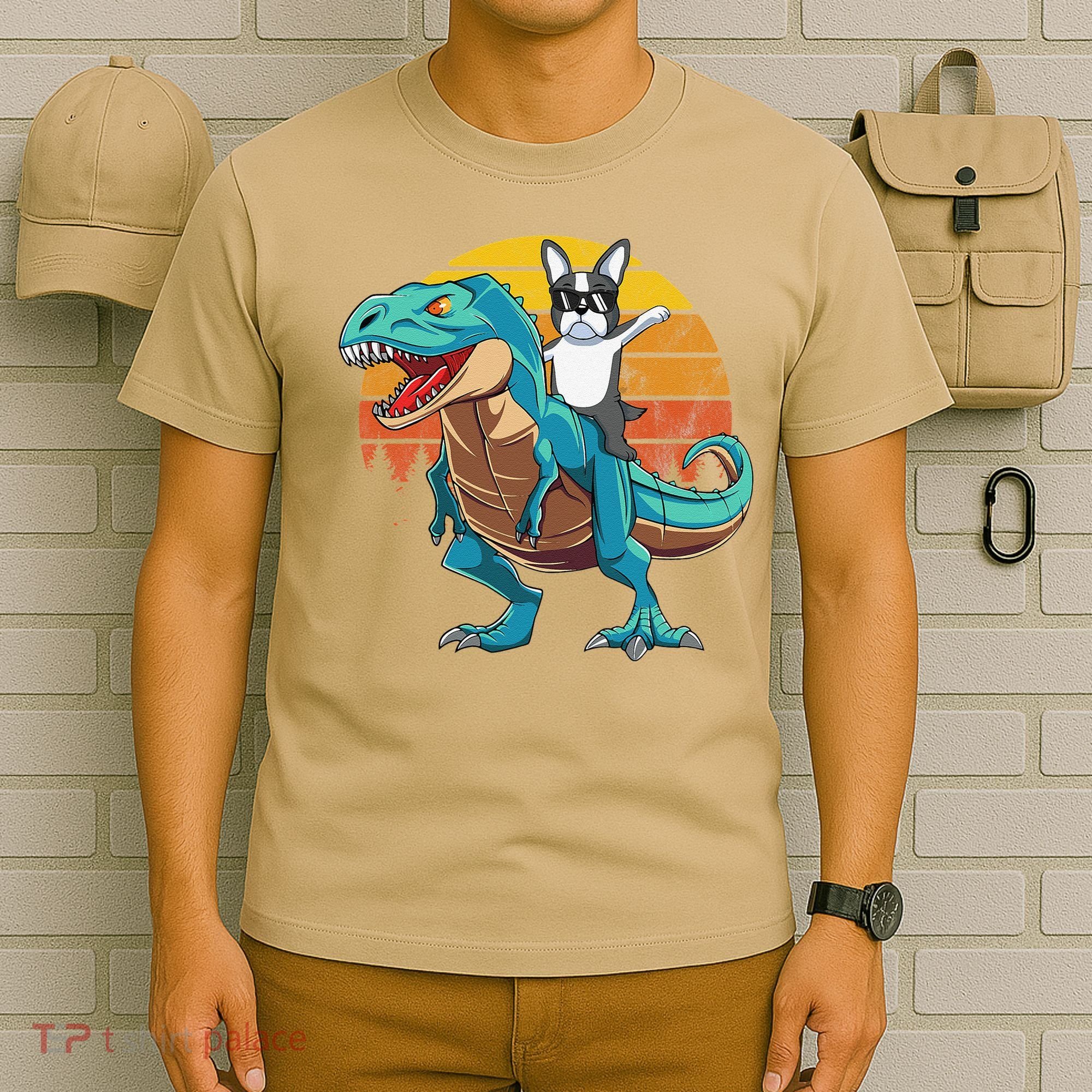 Boston Terrier Dog Riding Dinosaur T Rex T-Shirt
