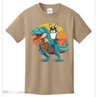Boston Terrier Dog Riding Dinosaur T Rex Kids T-Shirt thumb 0