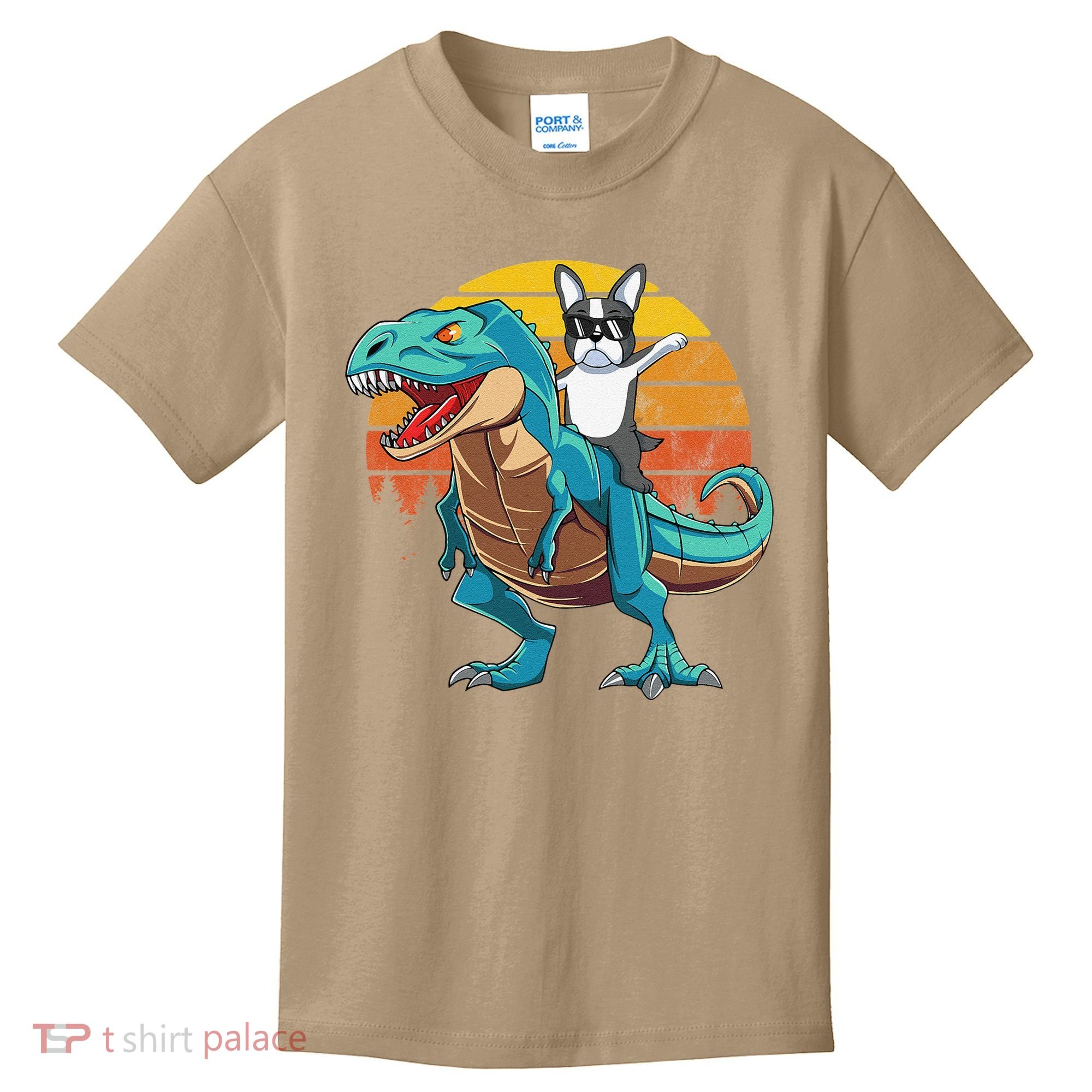 Boston Terrier Dog Riding Dinosaur T Rex Kids T-Shirt