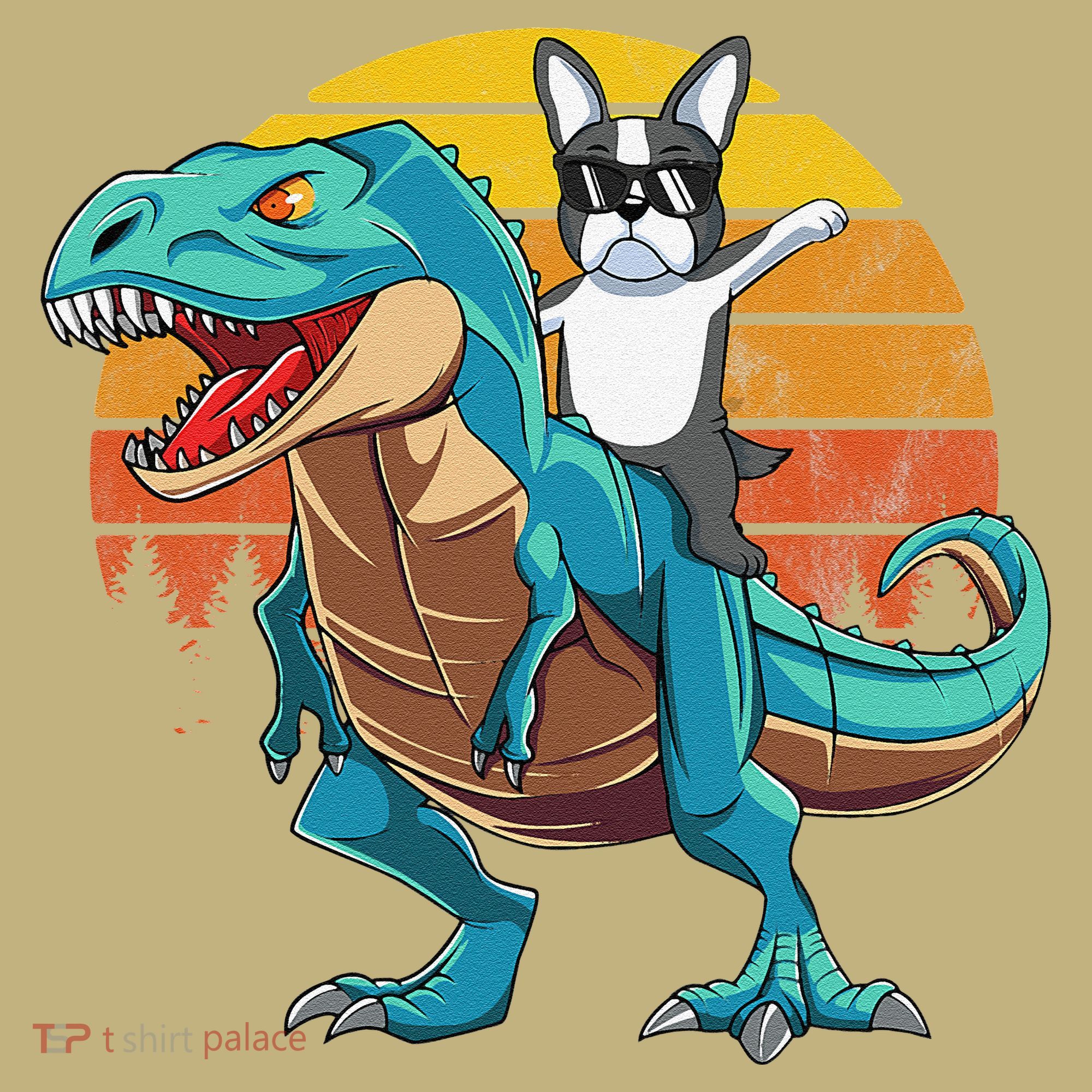 Boston Terrier Dog Riding Dinosaur T Rex Kids T-Shirt