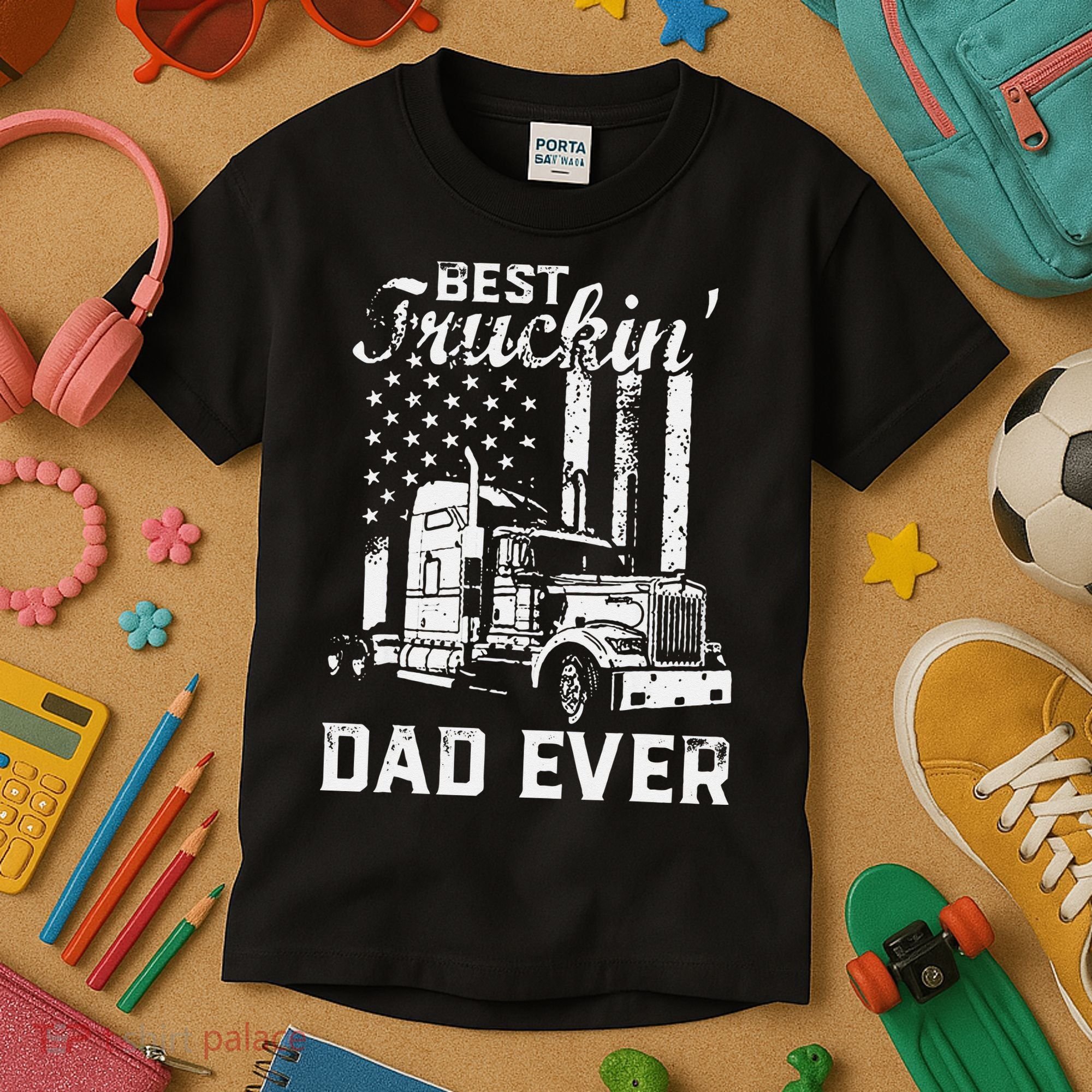Best Truckin Dad Ever American Flag Fathers Day Kids T-Shirt