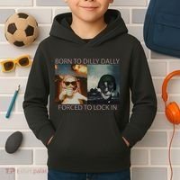 Born To Dilly Dally Forced To Lock In Cat Meme Kids Hoodie thumb 2