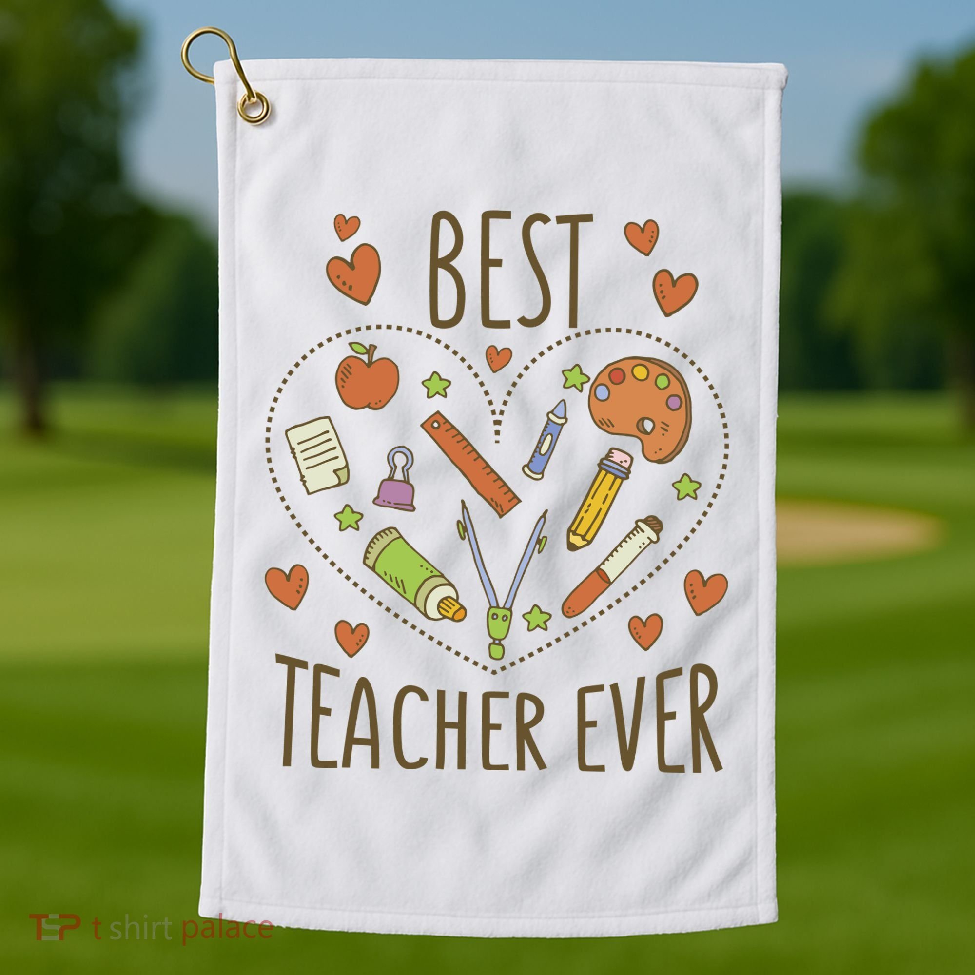 Best Teacher Ever Heart Gift Golf Towel
