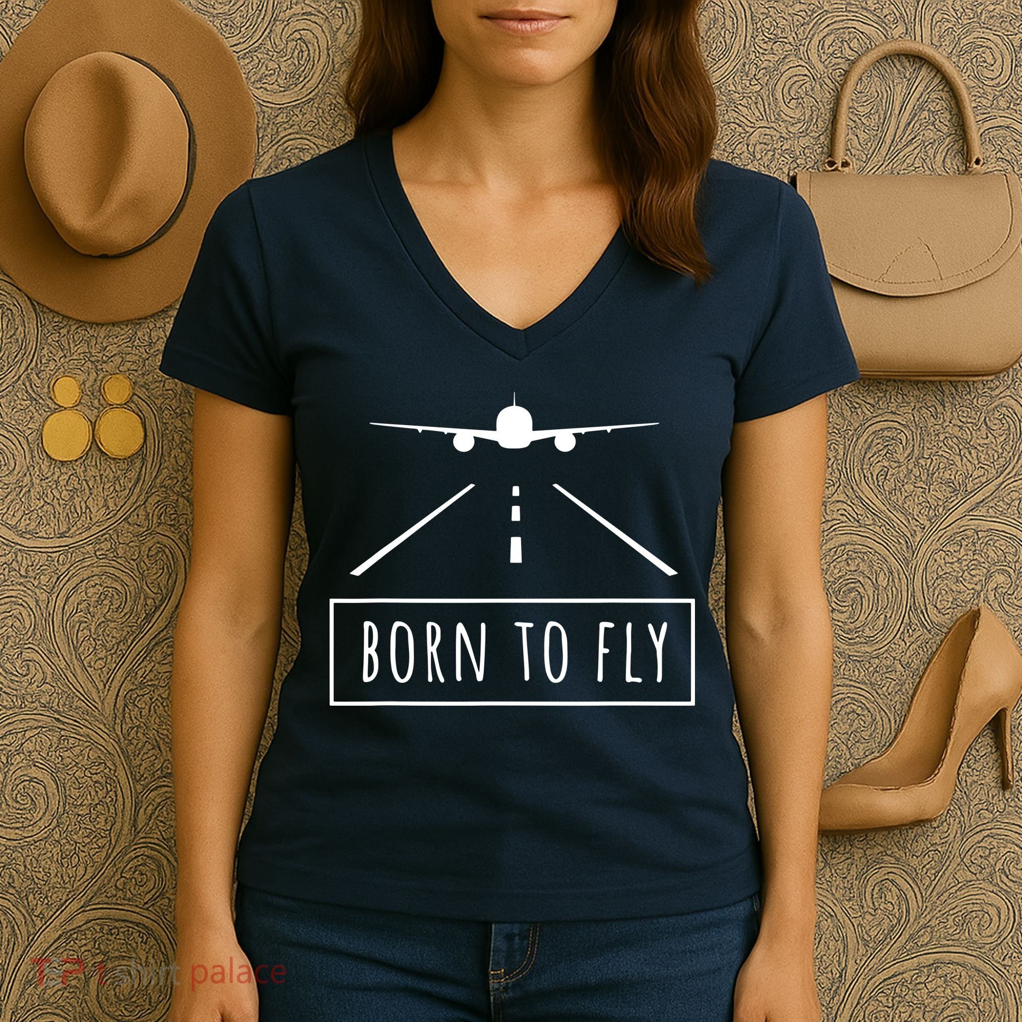 Born To Fly Aviation Pilot Flying Airplane Aircraft Gift Women's V-Neck T-Shirt