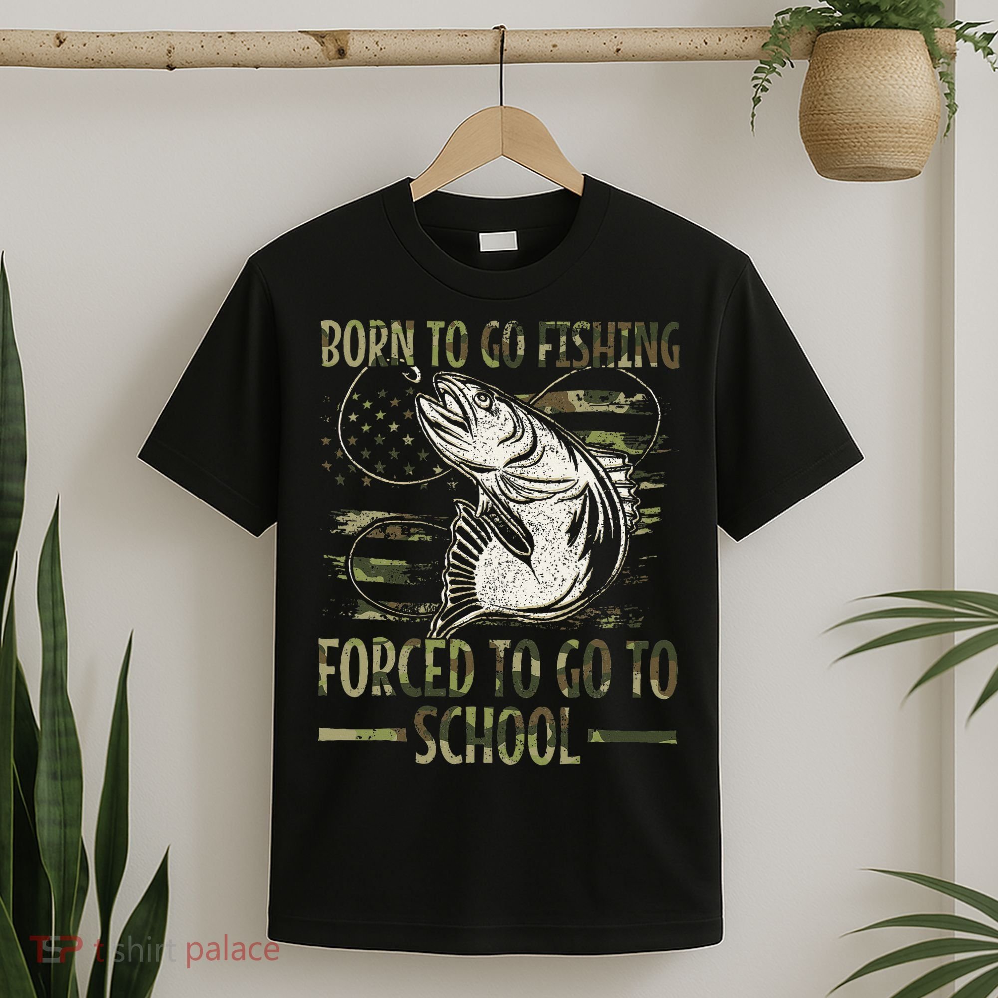 Born To Go Fishing Forced To Go To School Camo Us Flag T-Shirt