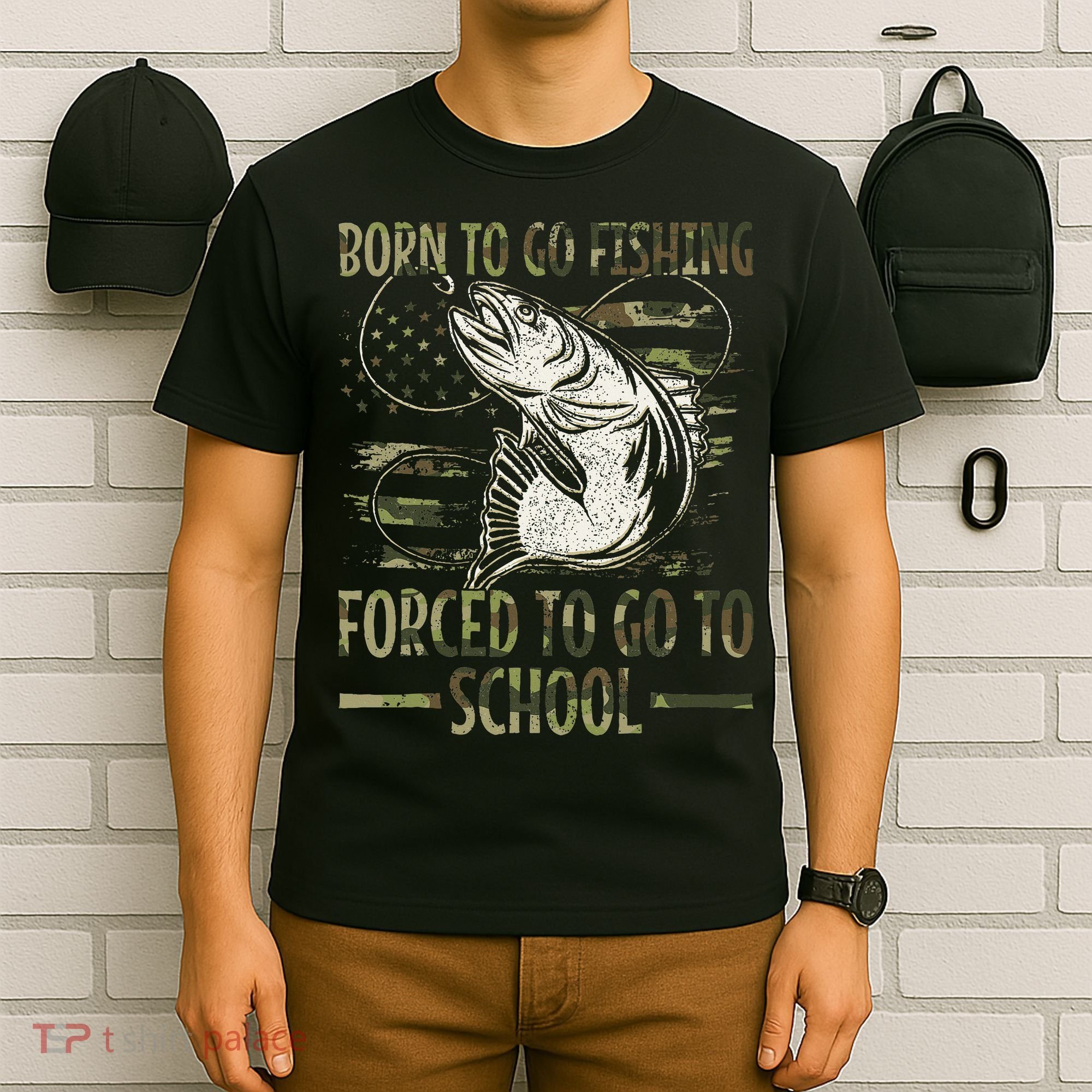Born To Go Fishing Forced To Go To School Camo Us Flag T-Shirt