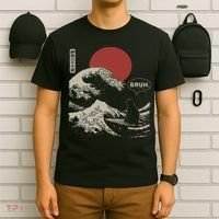 Bruh. The Great Wave Kanagawa Funny Japanese Surfing Cat T-Shirt thumb 6