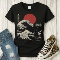 Bruh. The Great Wave Kanagawa Funny Japanese Surfing Cat Women's T-Shirt thumb 3