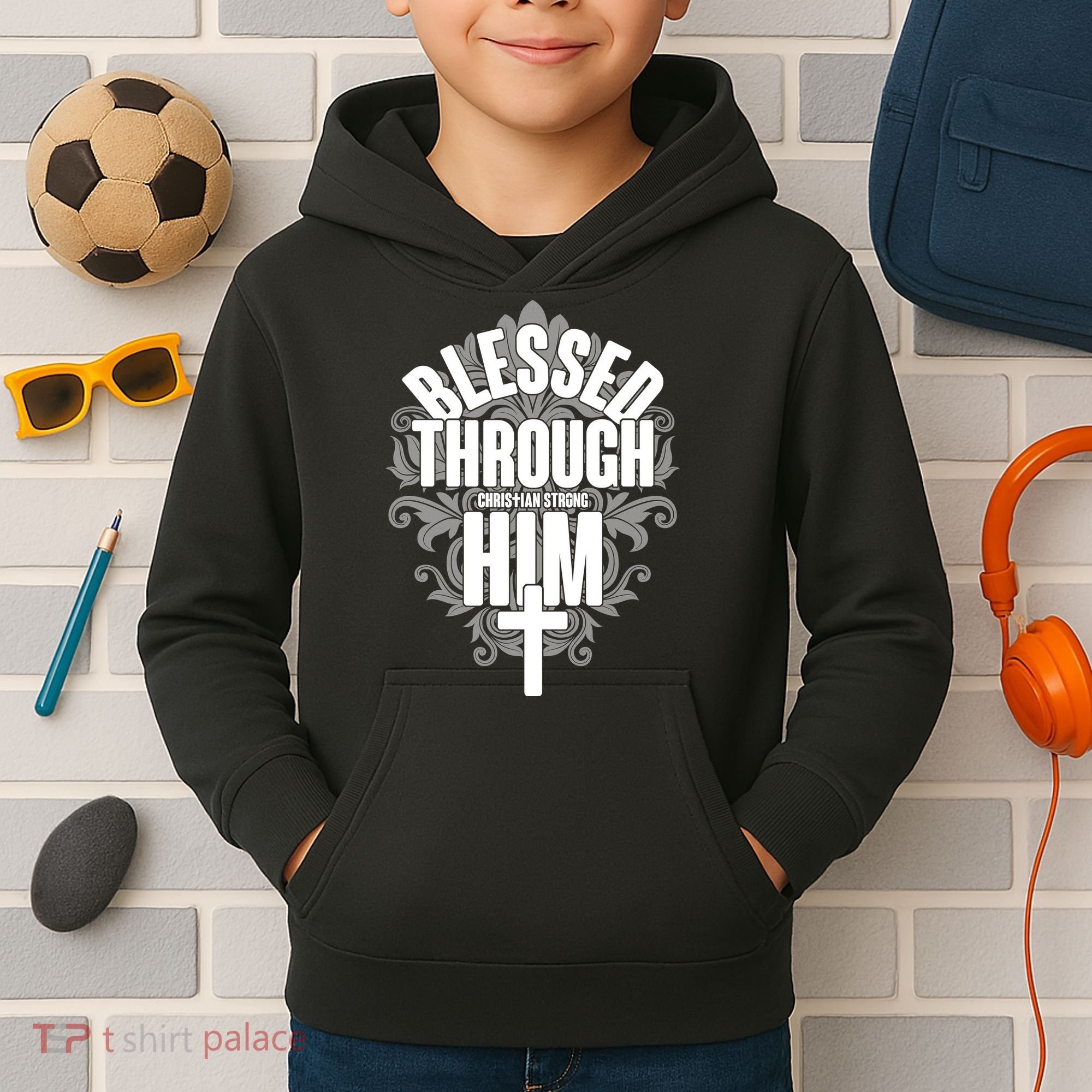 Blessed Through Him Christian Strong Kids Hoodie