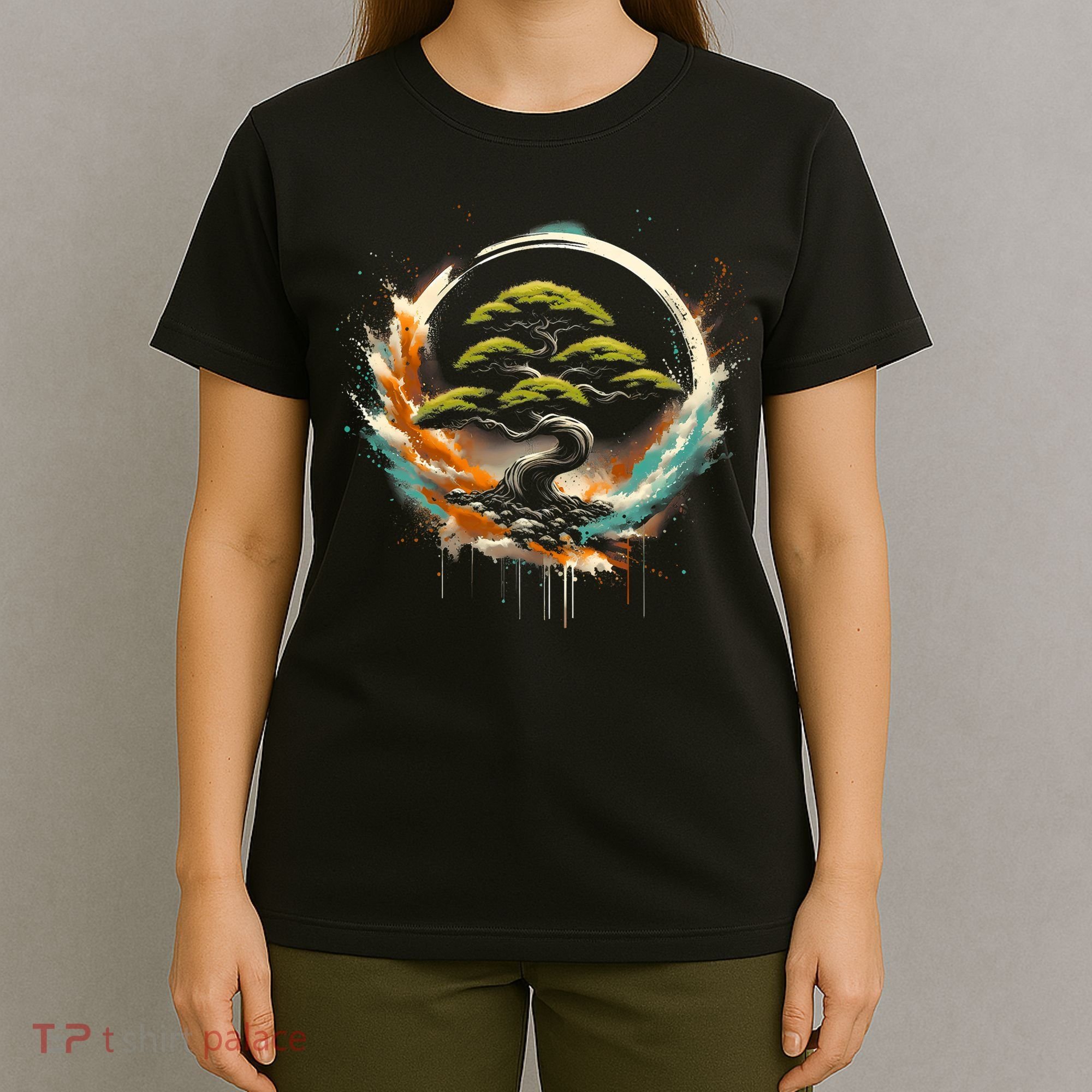 Bonsai Tree In Japanese Zen Buddhist Enso Circle Christmas T-Shirt
