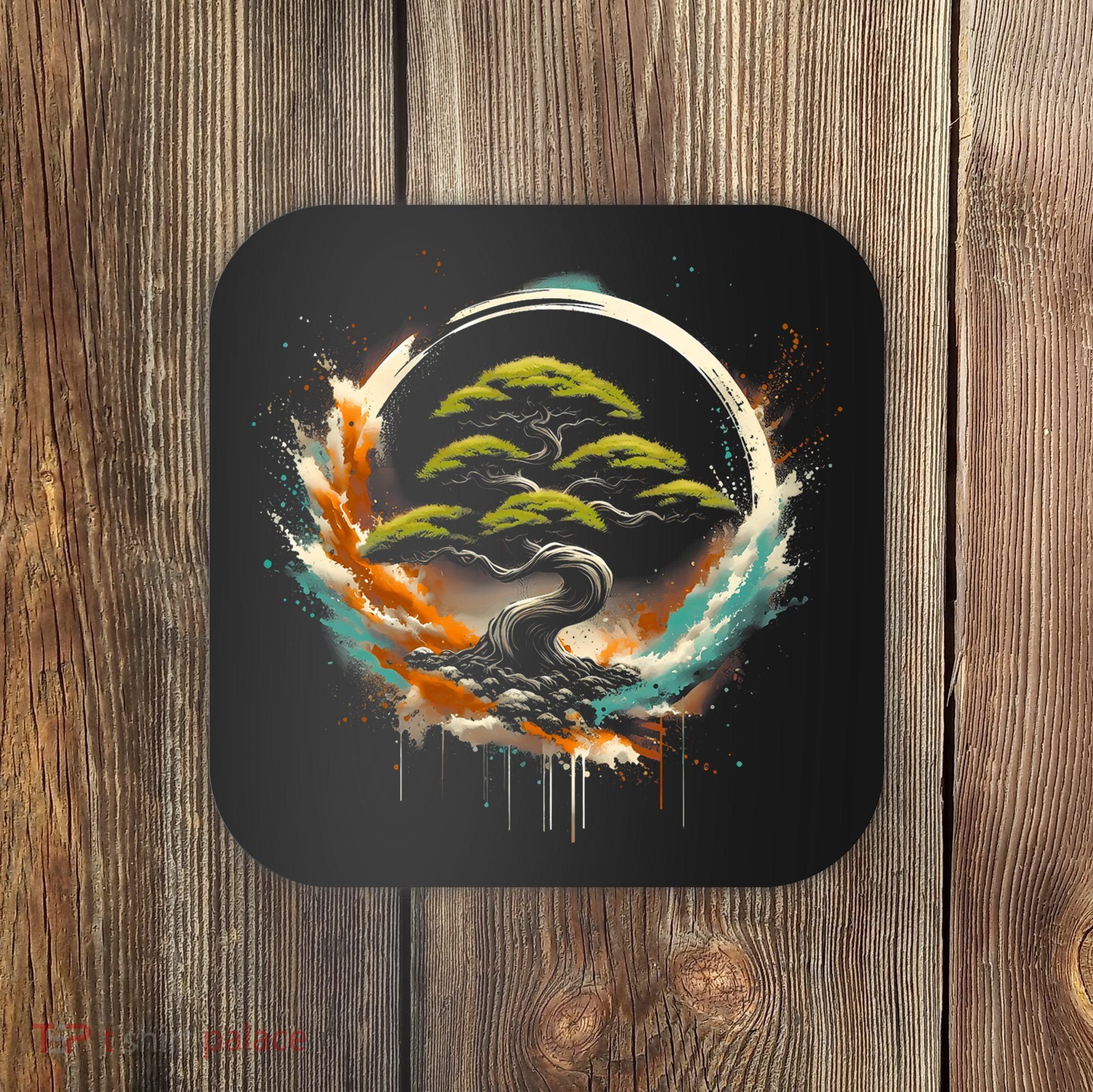 Bonsai Tree In Japanese Zen Buddhist Enso Circle Christmas Coaster