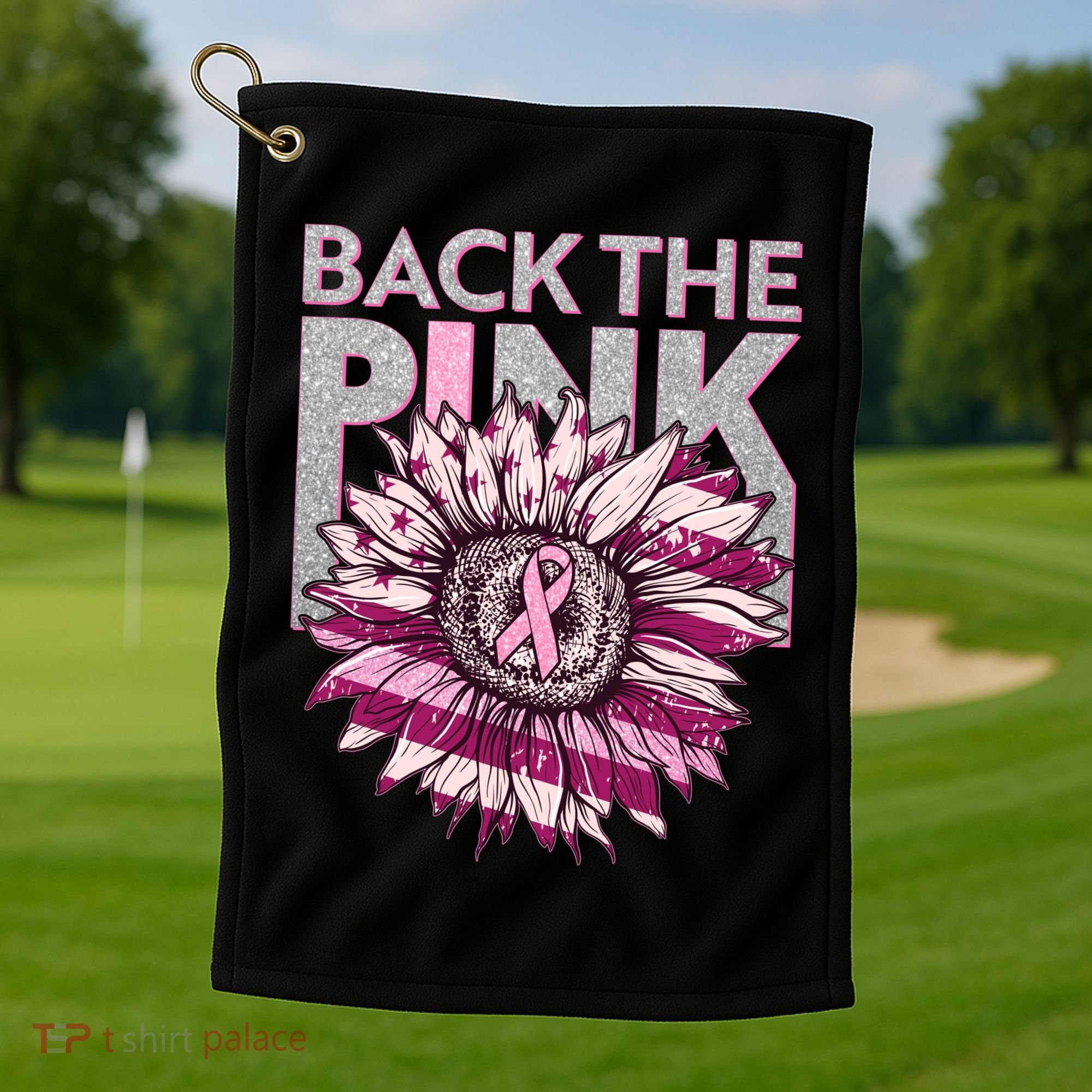 Back The Pink Breast Cancer Awareness Sunflower Ribbon Golf Towel