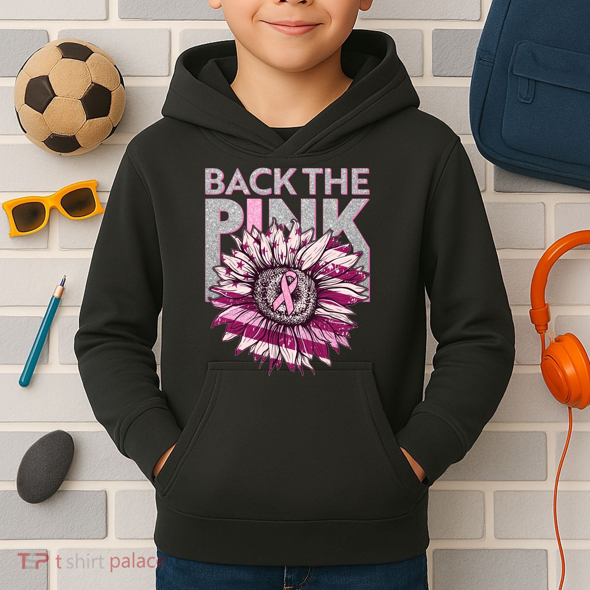 Back The Pink Breast Cancer Awareness Sunflower Ribbon Kids Hoodie