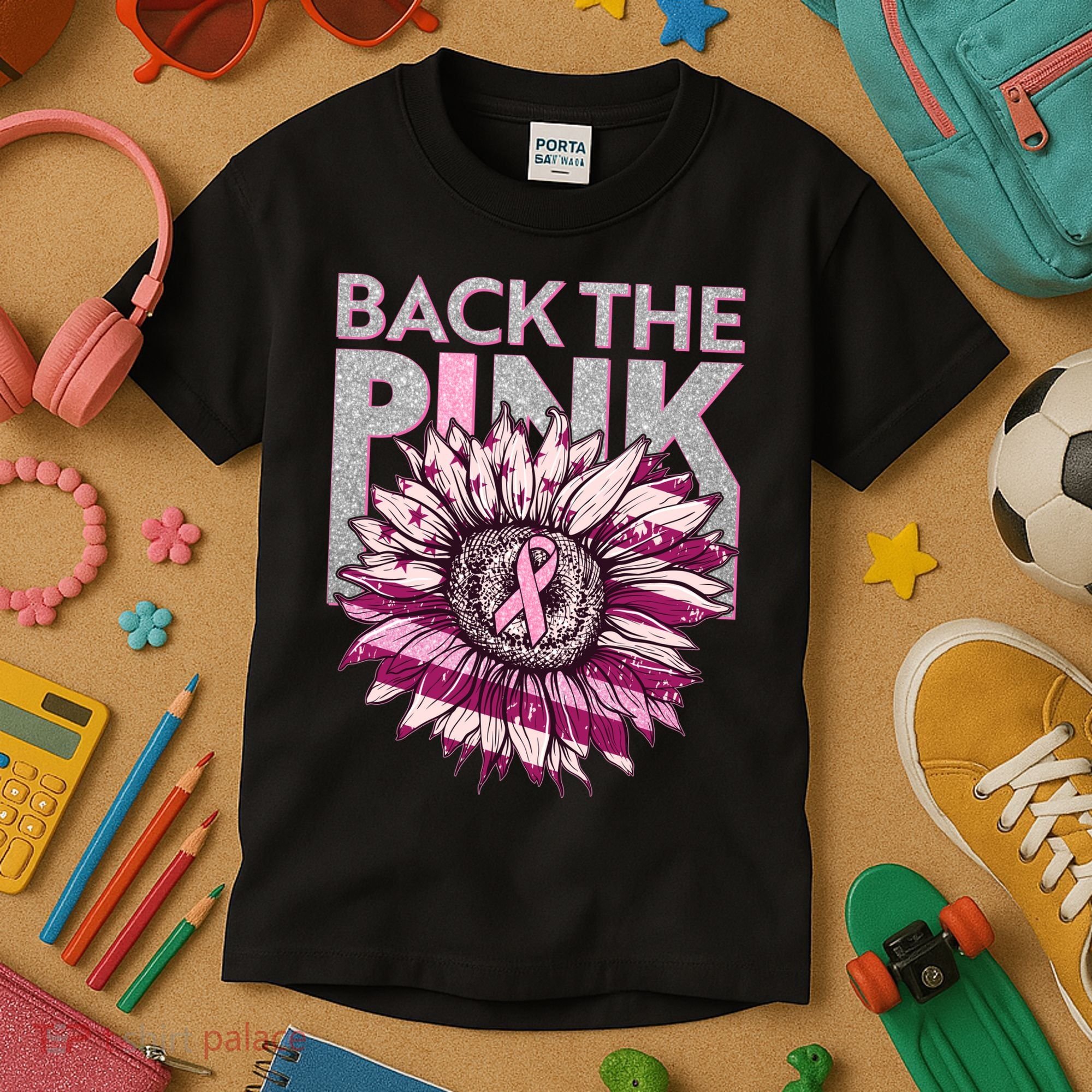 Back The Pink Breast Cancer Awareness Sunflower Ribbon Kids T-Shirt