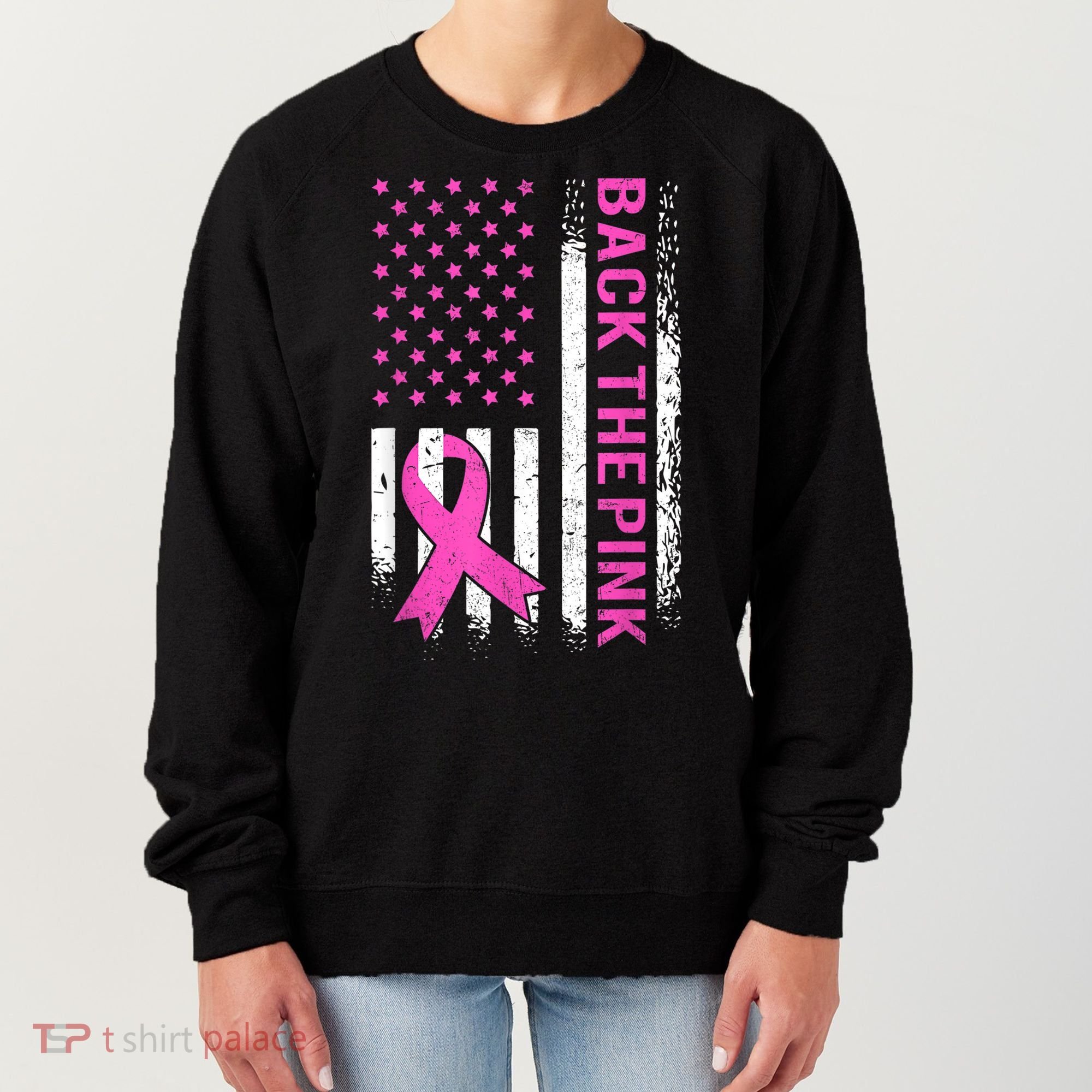 Back The Pink Breast Cancer Awareness American US Flag Women's Sweatshirt