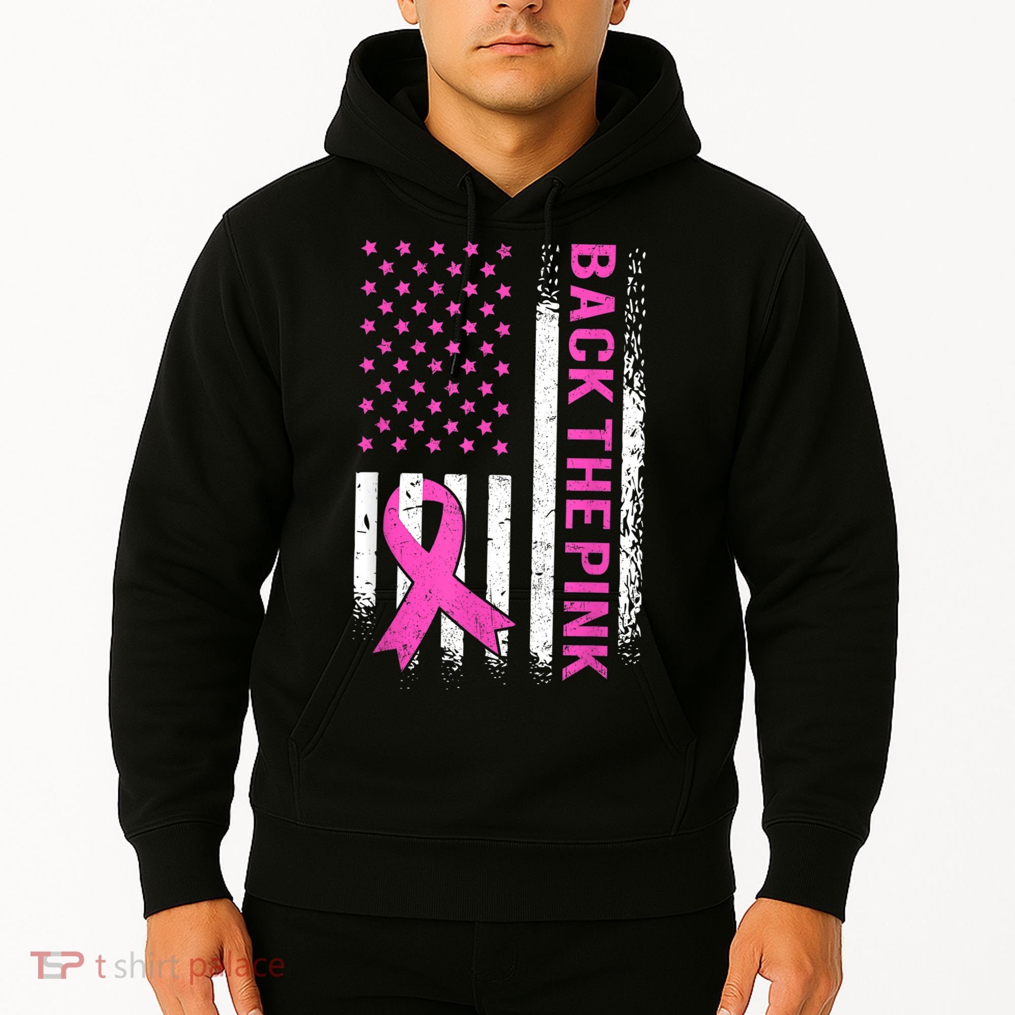 Back The Pink Breast Cancer Awareness American US Flag Hoodie