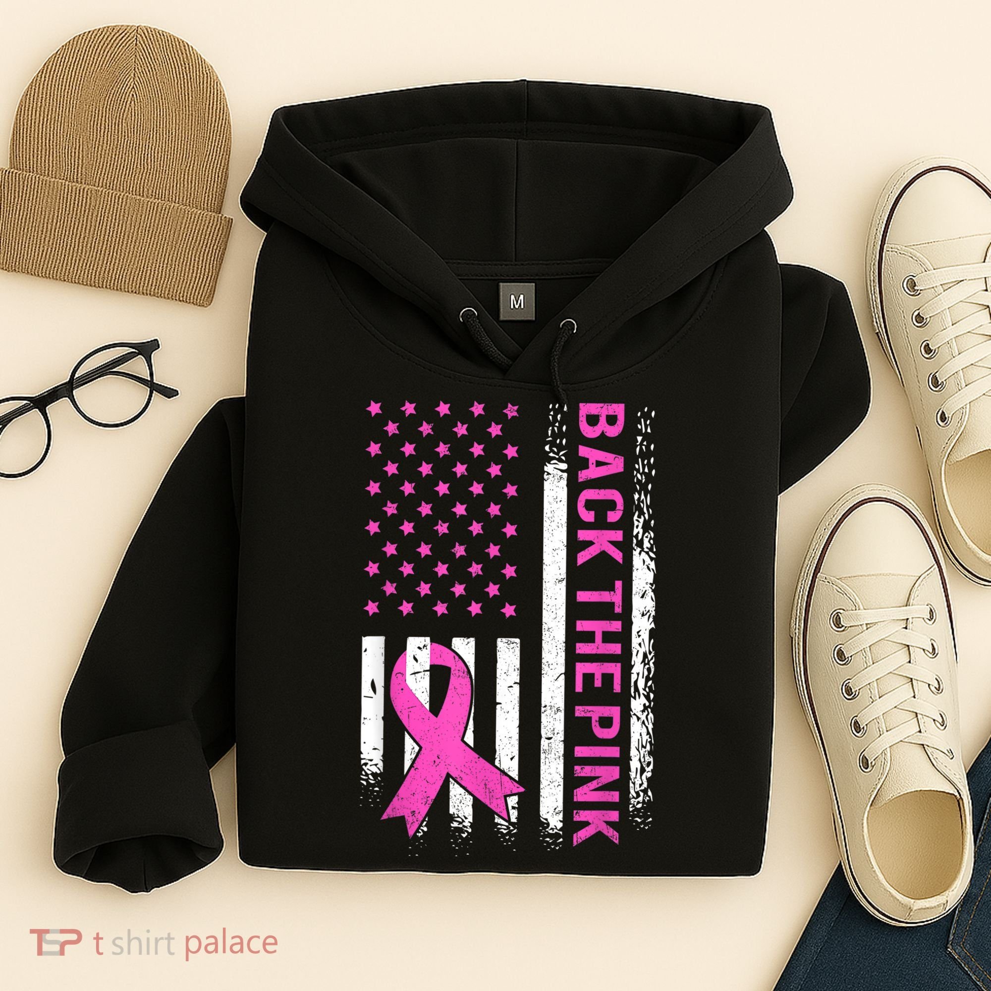 Back The Pink Breast Cancer Awareness American US Flag Hoodie