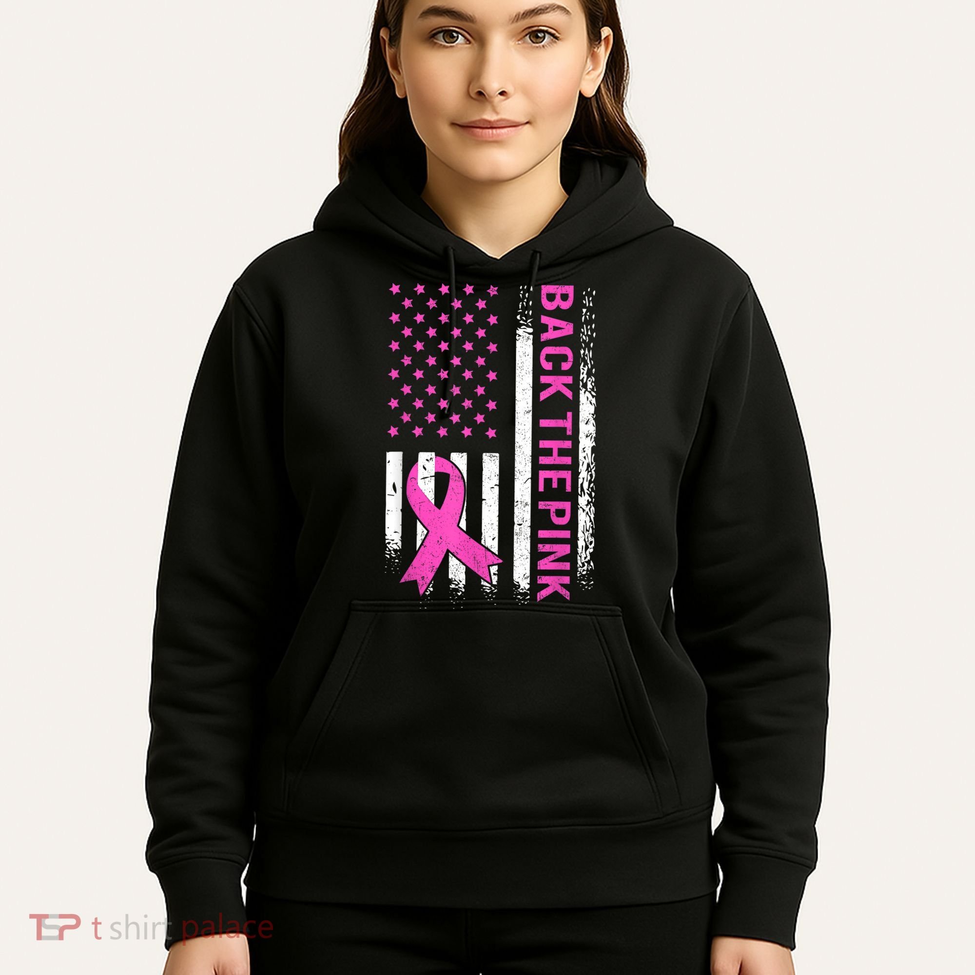 Back The Pink Breast Cancer Awareness American US Flag Hoodie