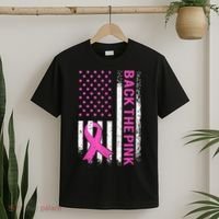 Back The Pink Breast Cancer Awareness American US Flag T-Shirt thumb 2