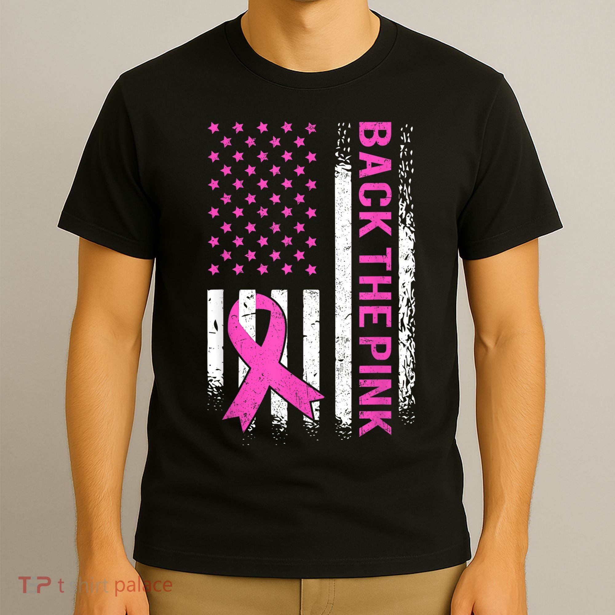 Back The Pink Breast Cancer Awareness American US Flag T-Shirt