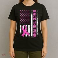 Back The Pink Breast Cancer Awareness American US Flag T-Shirt thumb 4