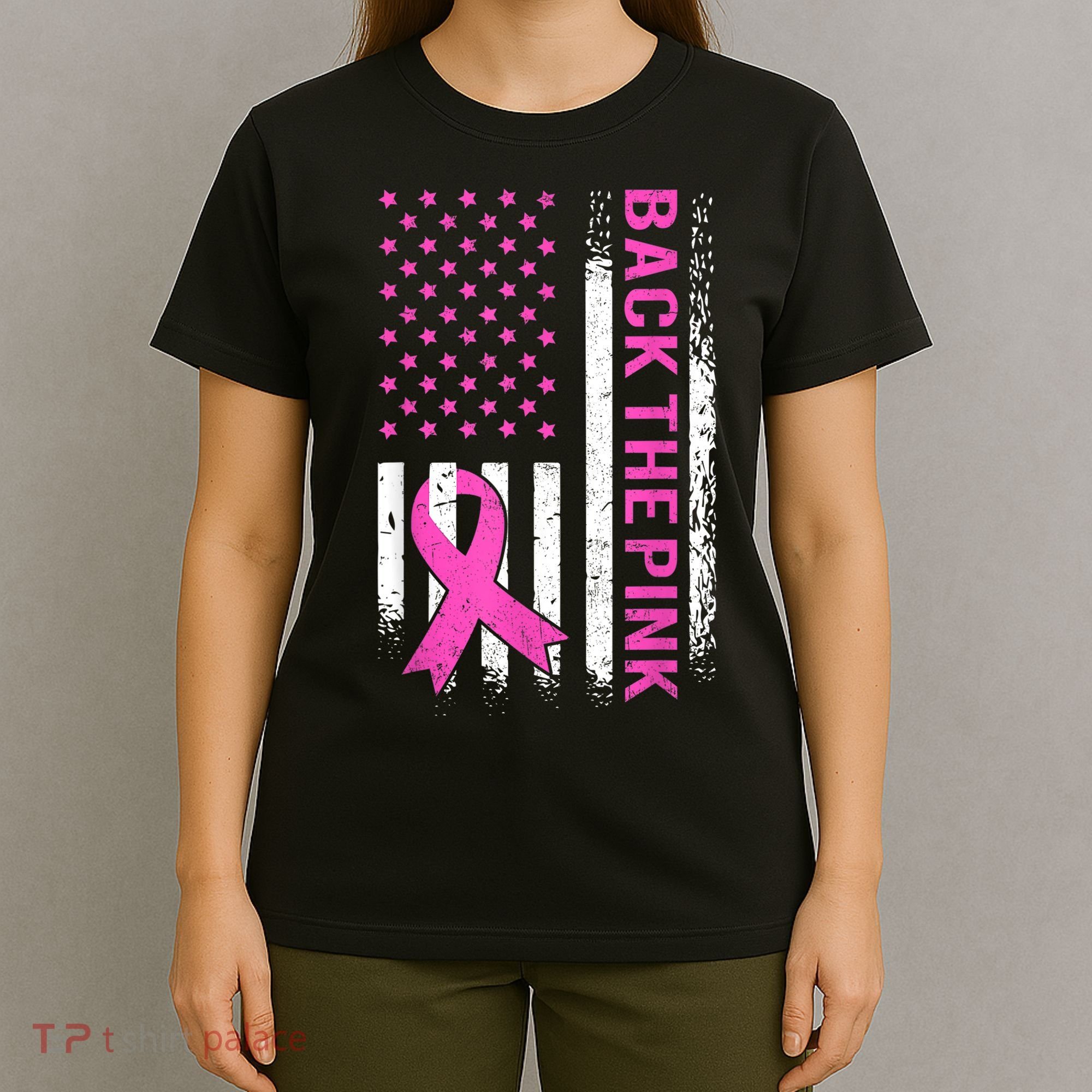 Back The Pink Breast Cancer Awareness American US Flag T-Shirt