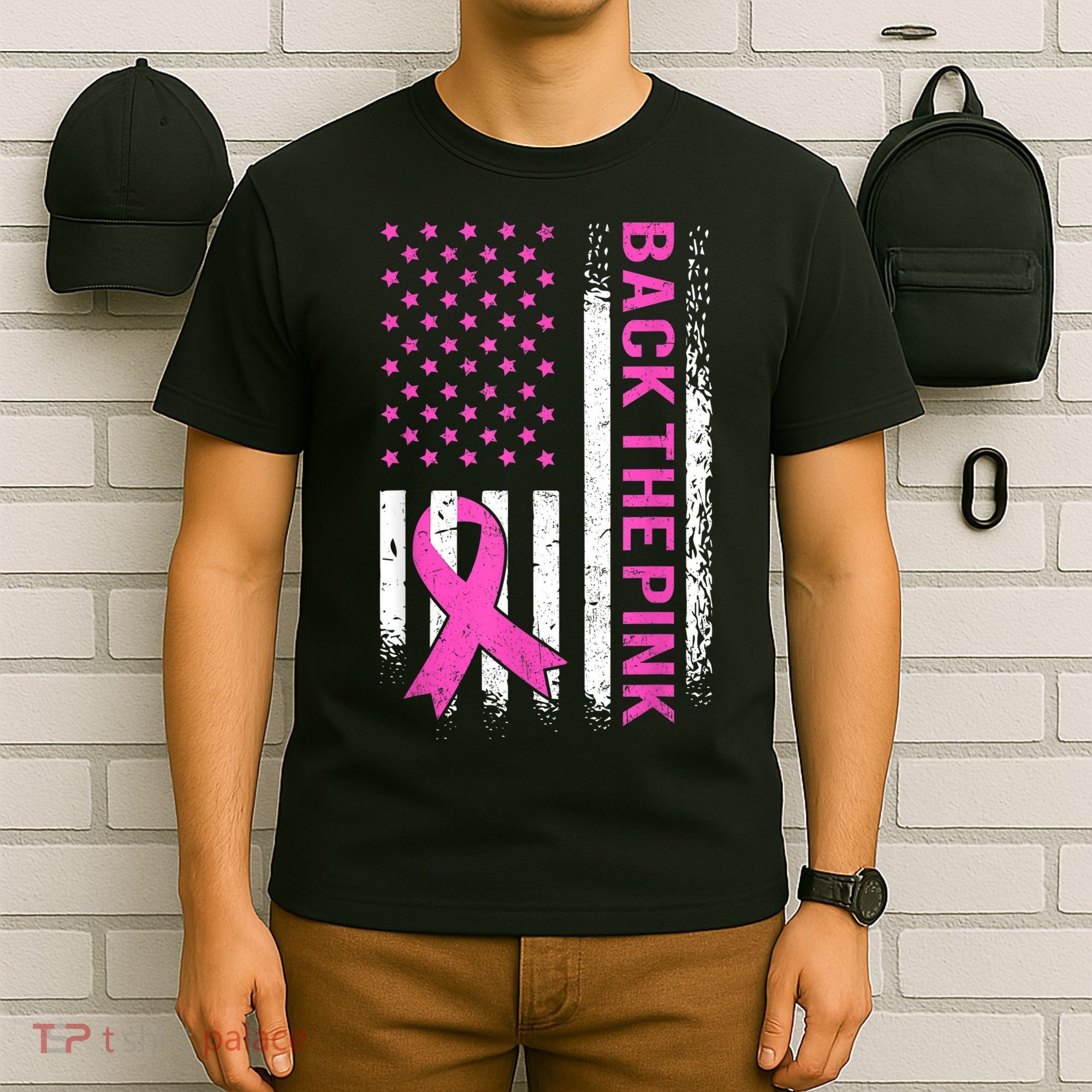 Back The Pink Breast Cancer Awareness American US Flag T-Shirt