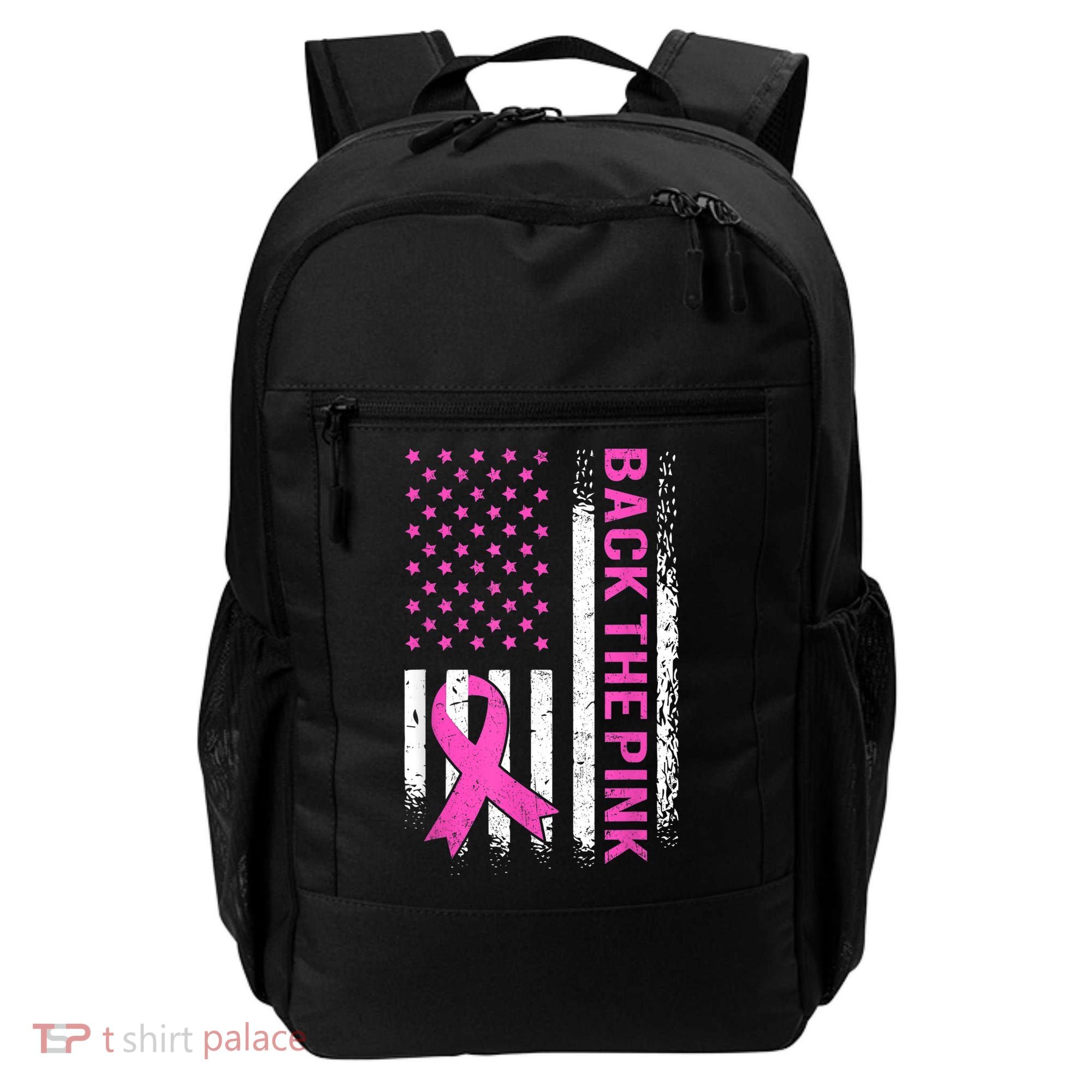 Back The Pink Breast Cancer Awareness American US Flag Backpack