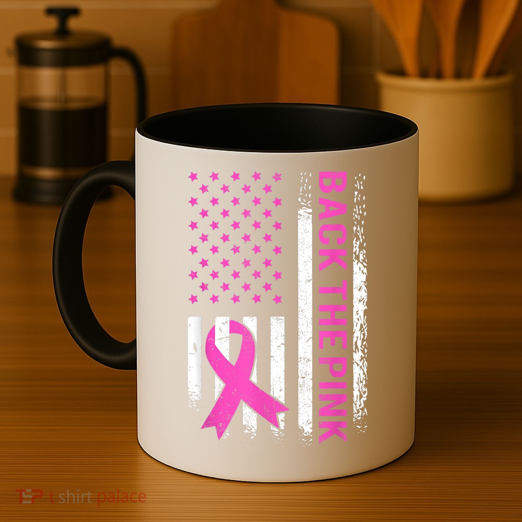 Back The Pink Breast Cancer Awareness American US Flag Coffee Mug