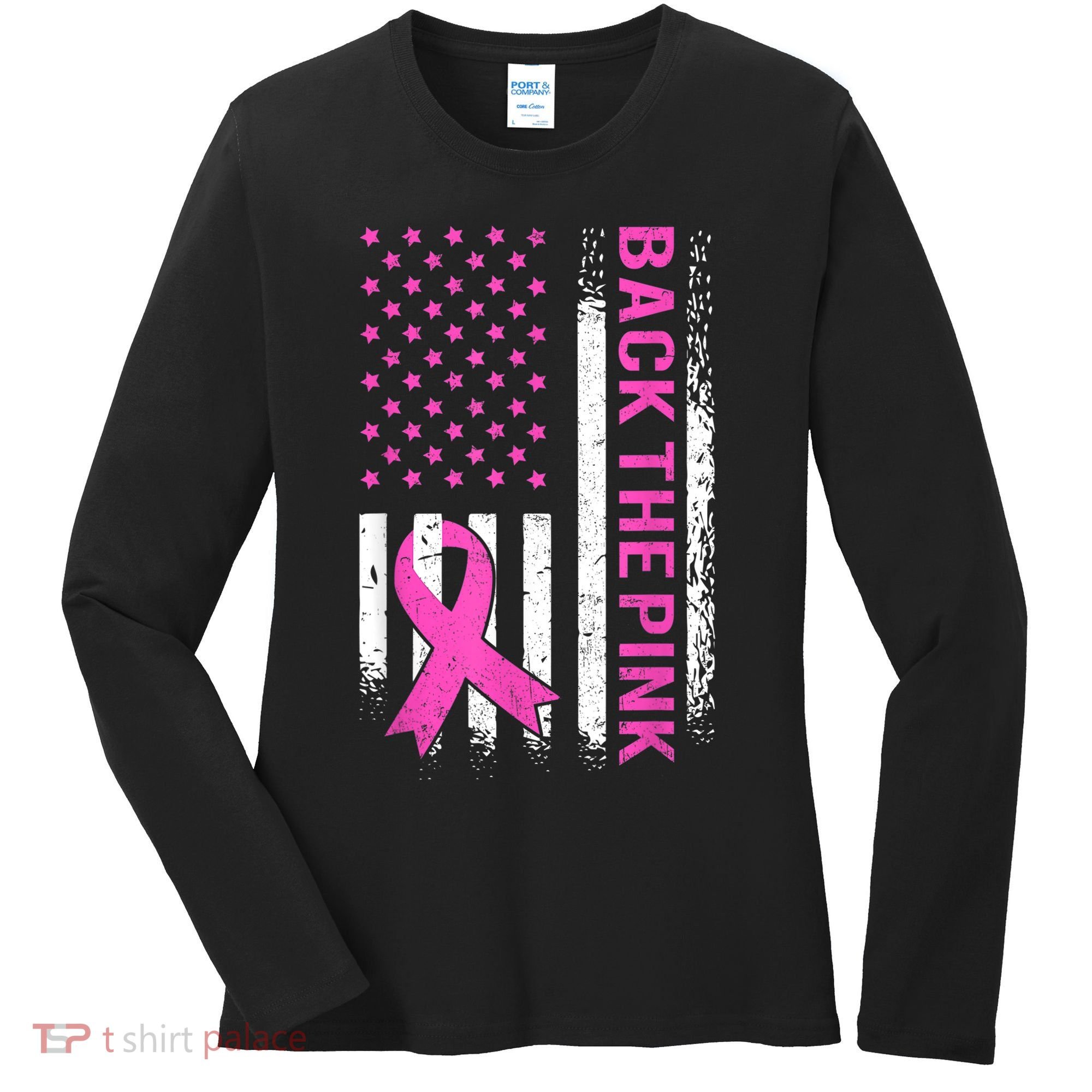 Back The Pink Breast Cancer Awareness American US Flag Women's Long Sleeve Shirt