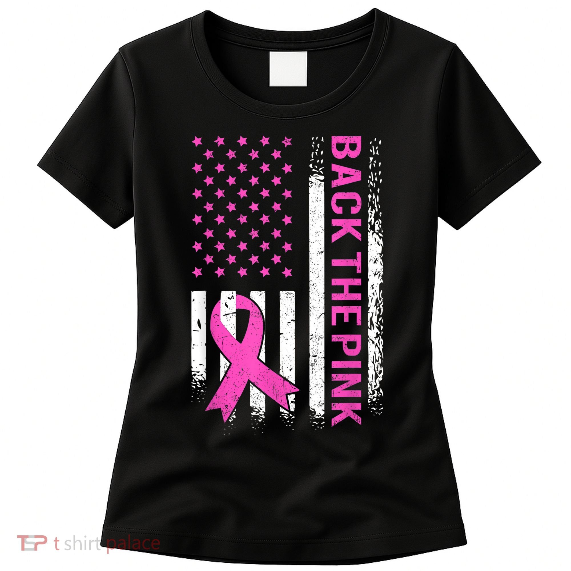 Back The Pink Breast Cancer Awareness American US Flag Women's T-Shirt