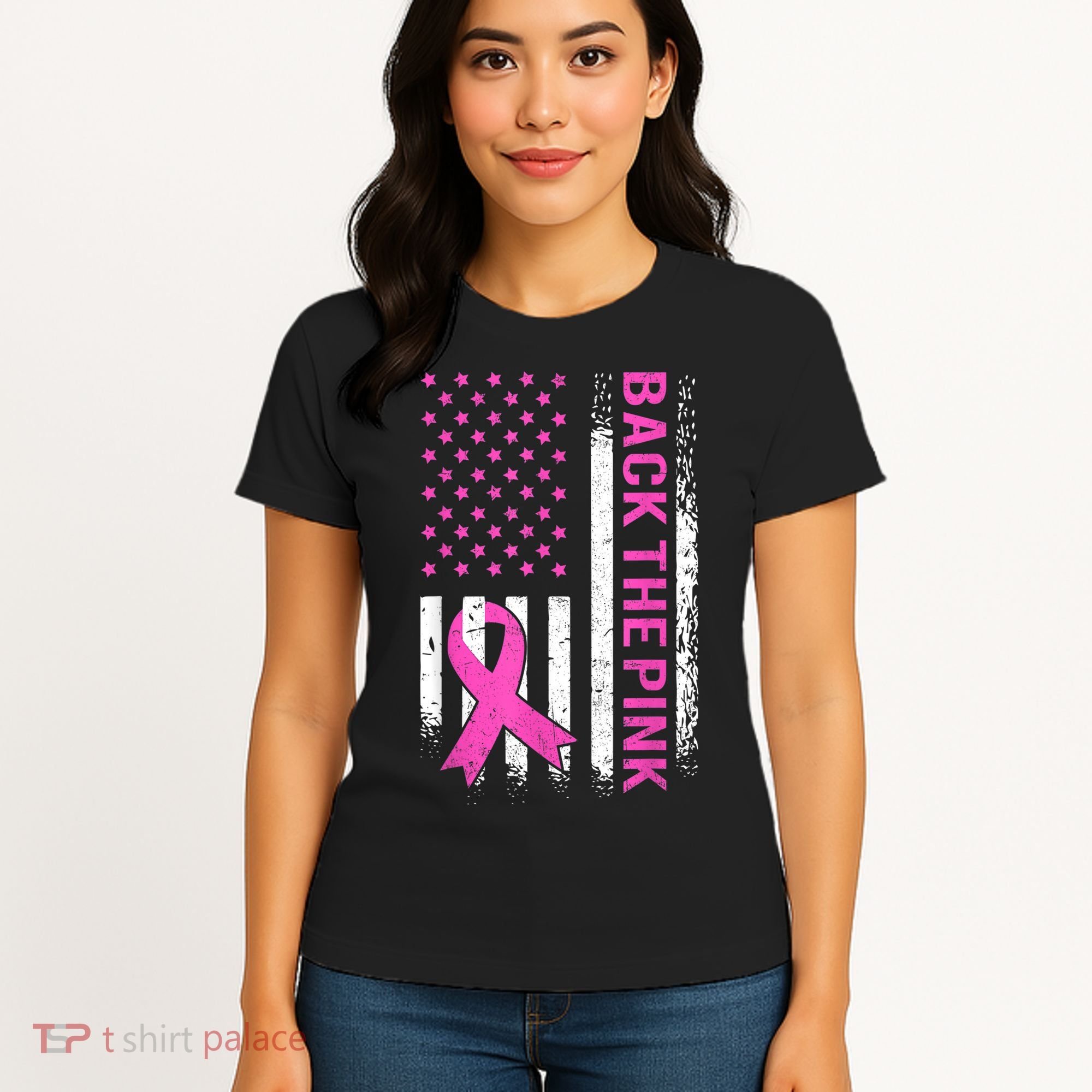 Back The Pink Breast Cancer Awareness American US Flag Women's T-Shirt