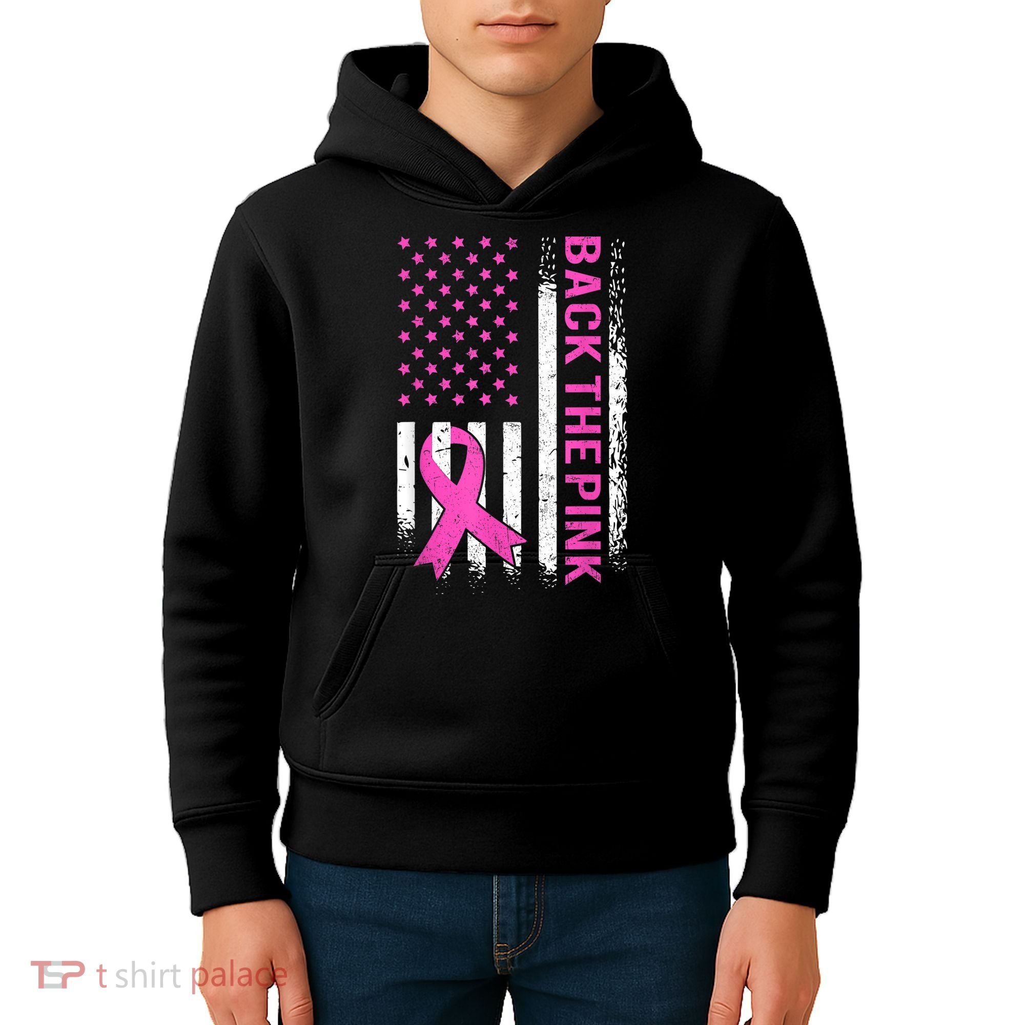 Back The Pink Breast Cancer Awareness American US Flag Kids Hoodie