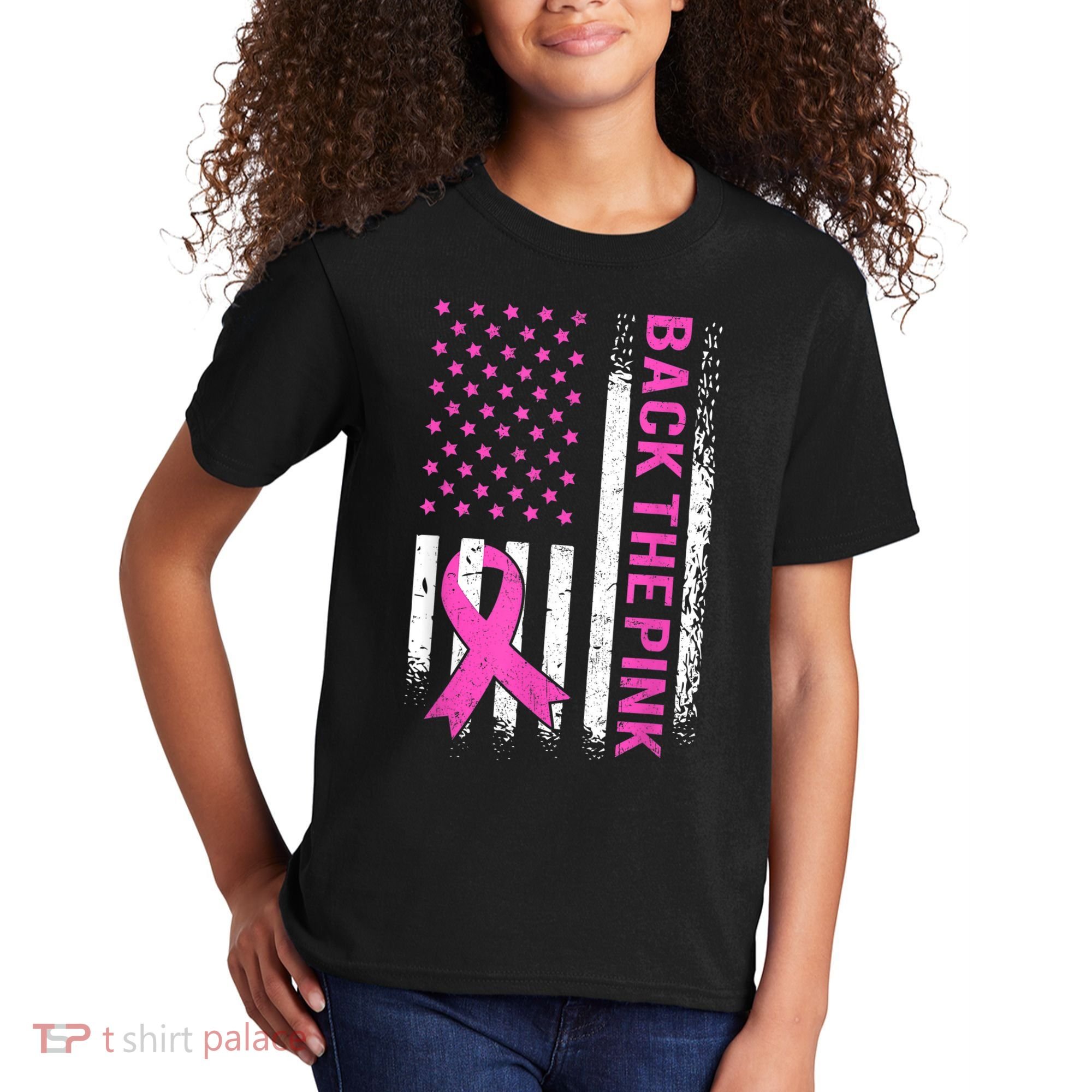 Back The Pink Breast Cancer Awareness American US Flag Kids T-Shirt