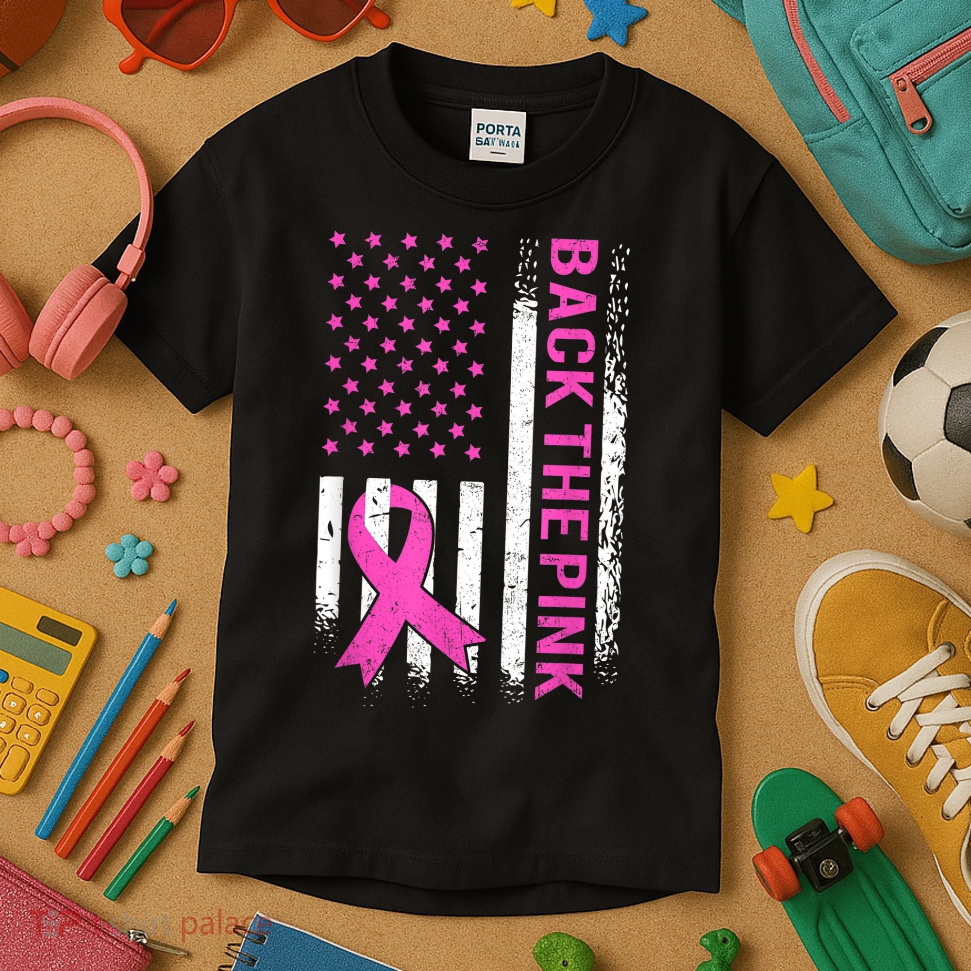 Back The Pink Breast Cancer Awareness American US Flag Kids T-Shirt