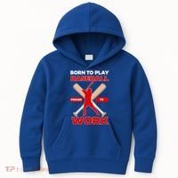Born To Play Baseball Forced To Work Kids Hoodie thumb 0