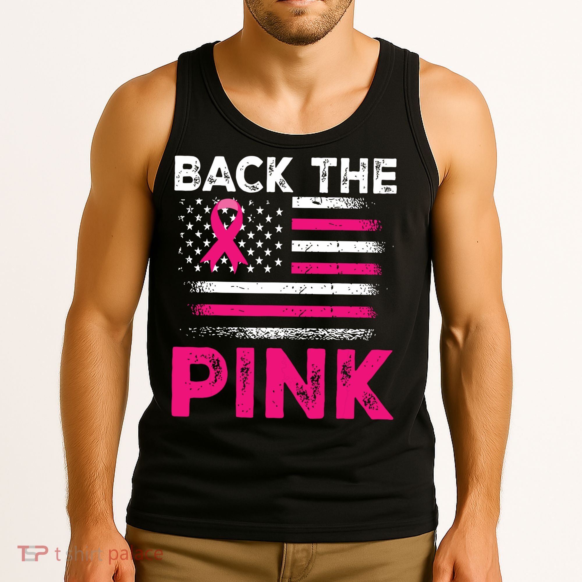Back The Pink Ribbon Flag Breast Cancer Warrior Tank Top
