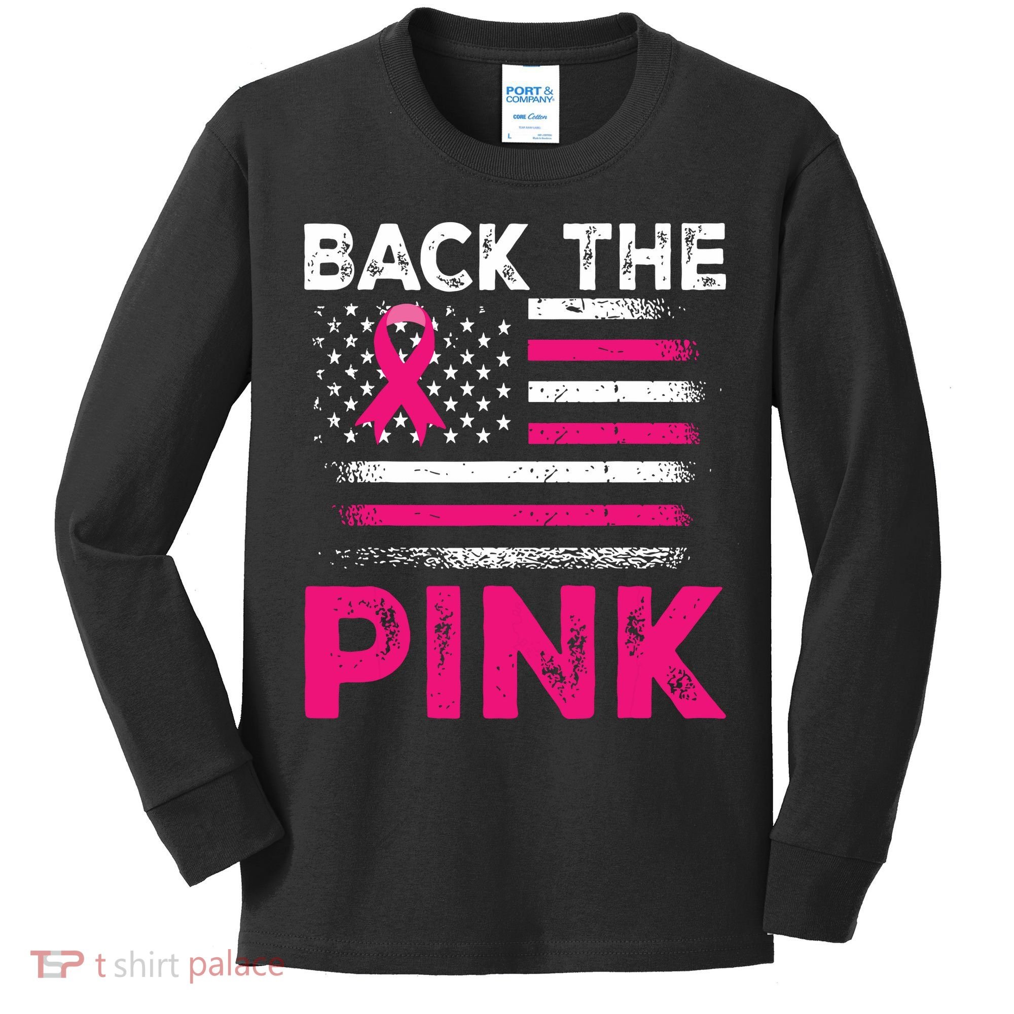 Back The Pink Ribbon Flag Breast Cancer Warrior Kids Long Sleeve Shirt