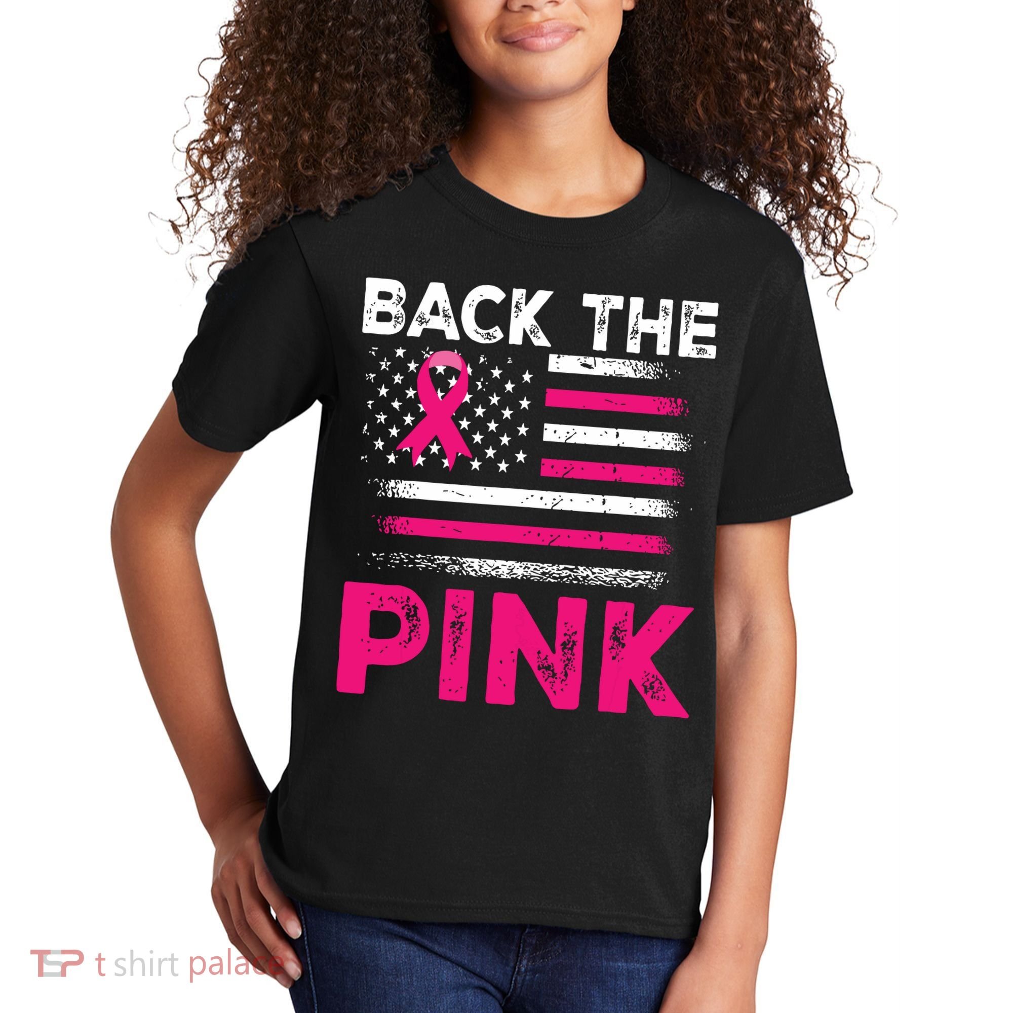 Back The Pink Ribbon Flag Breast Cancer Warrior Kids T-Shirt
