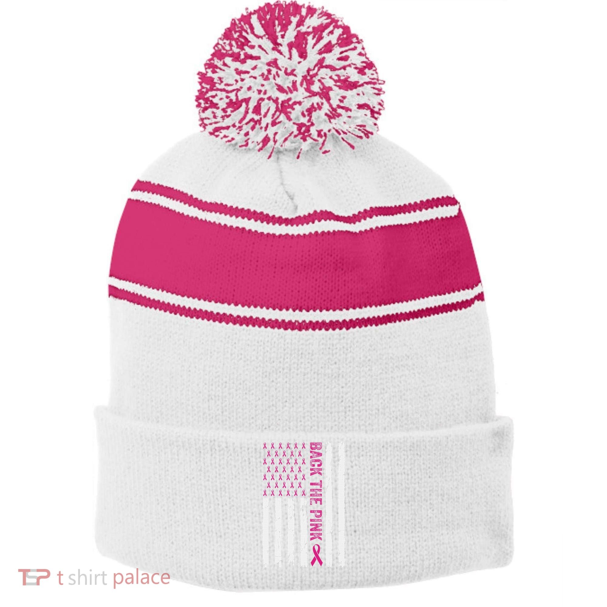 Back The Pink Flag We Wear In October Cancer Awareness Stripe Pom Pom Beanie
