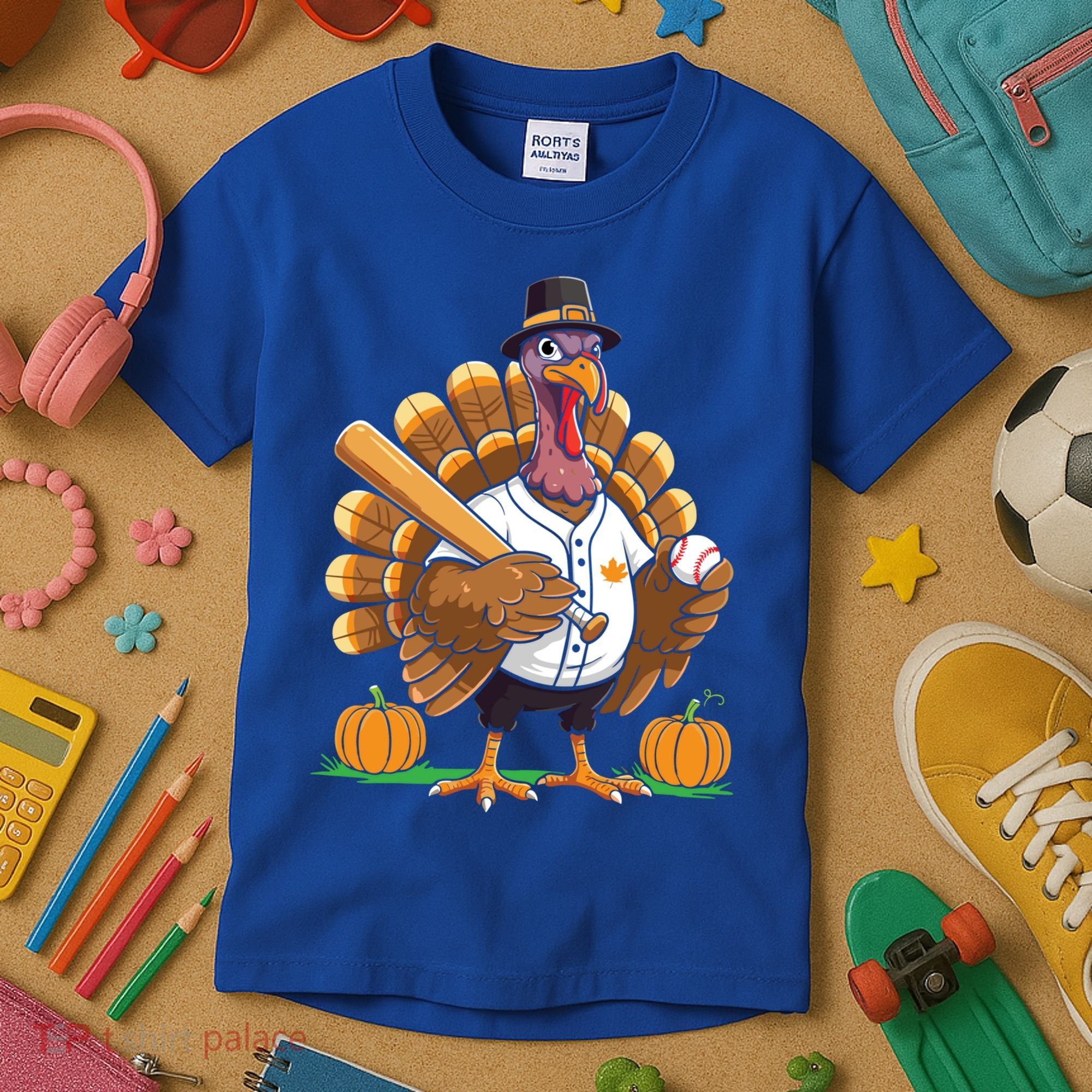 Baseball Turkey Pilgrim Thanksgiving Pumpkin Meaningful Gift Kids T-Shirt