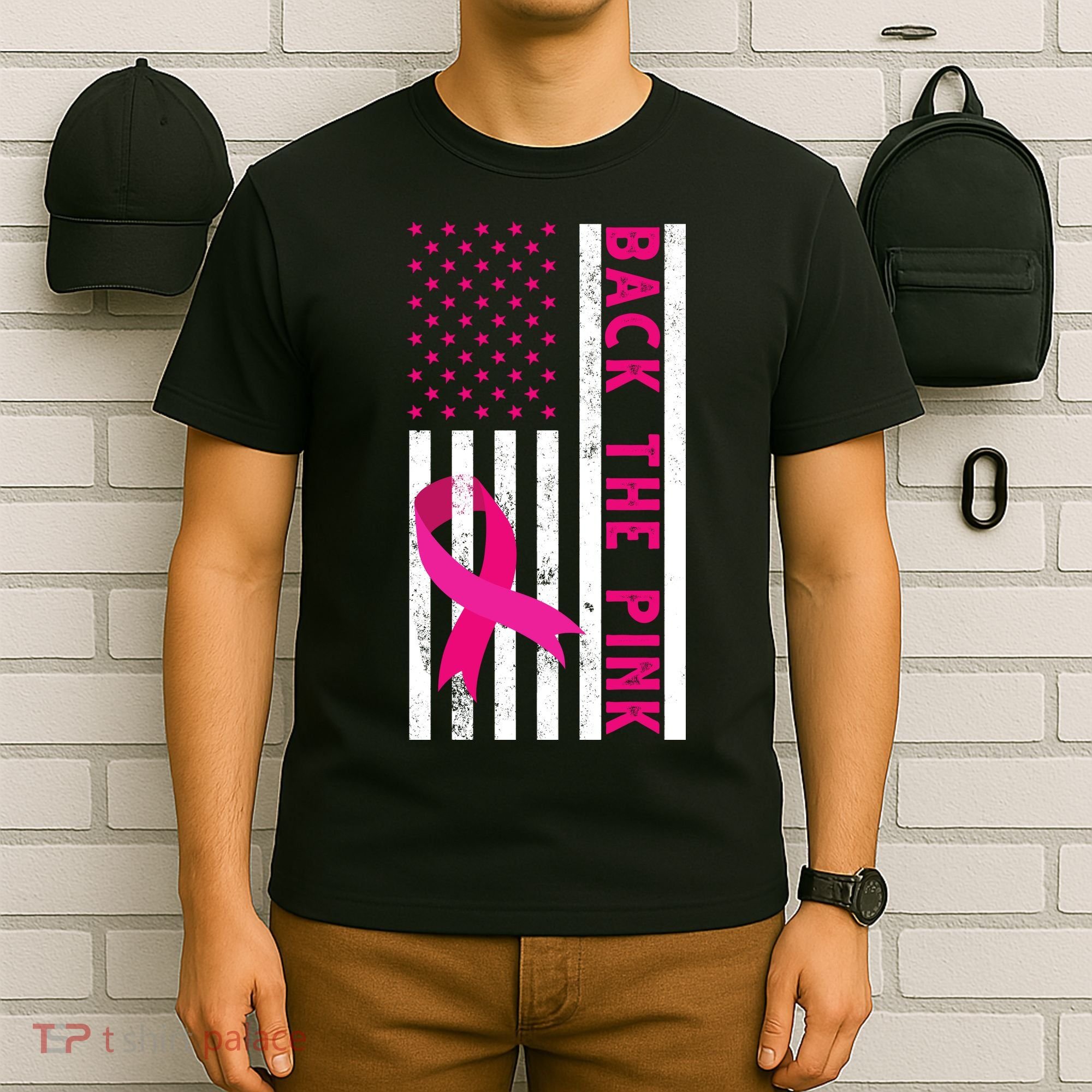 Back The Pink American Flag Pink Ribbon Breast Cancer T-Shirt