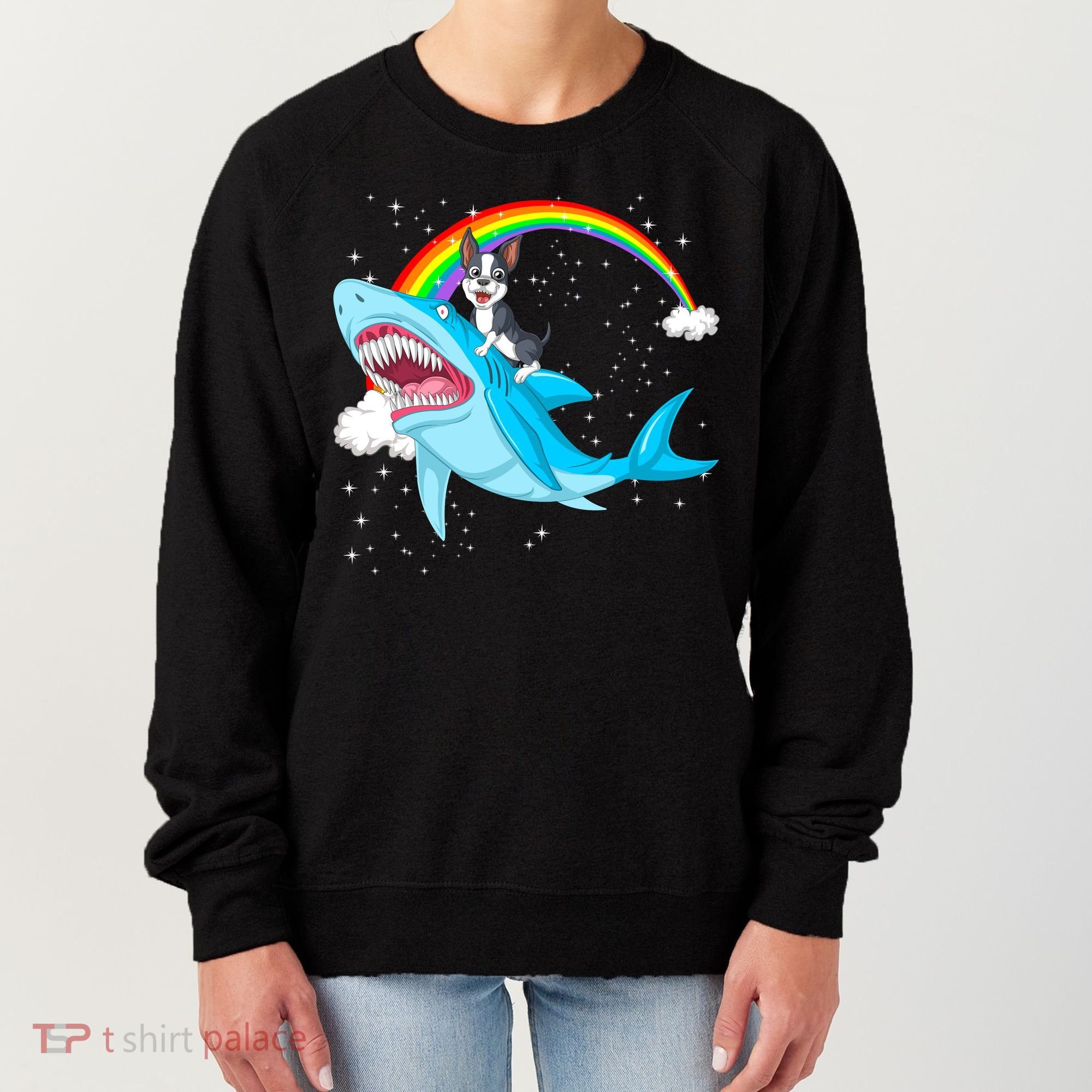 Boston Terrier Riding Shark Women's Sweatshirt