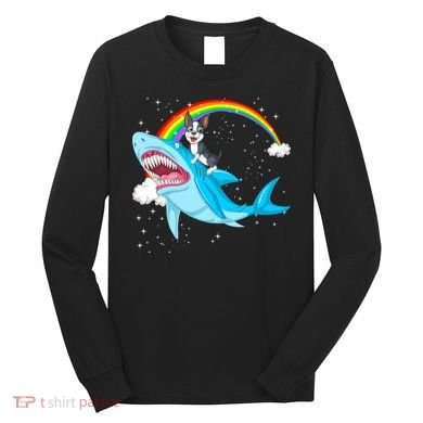 Boston Terrier Riding Shark Long Sleeve Shirt