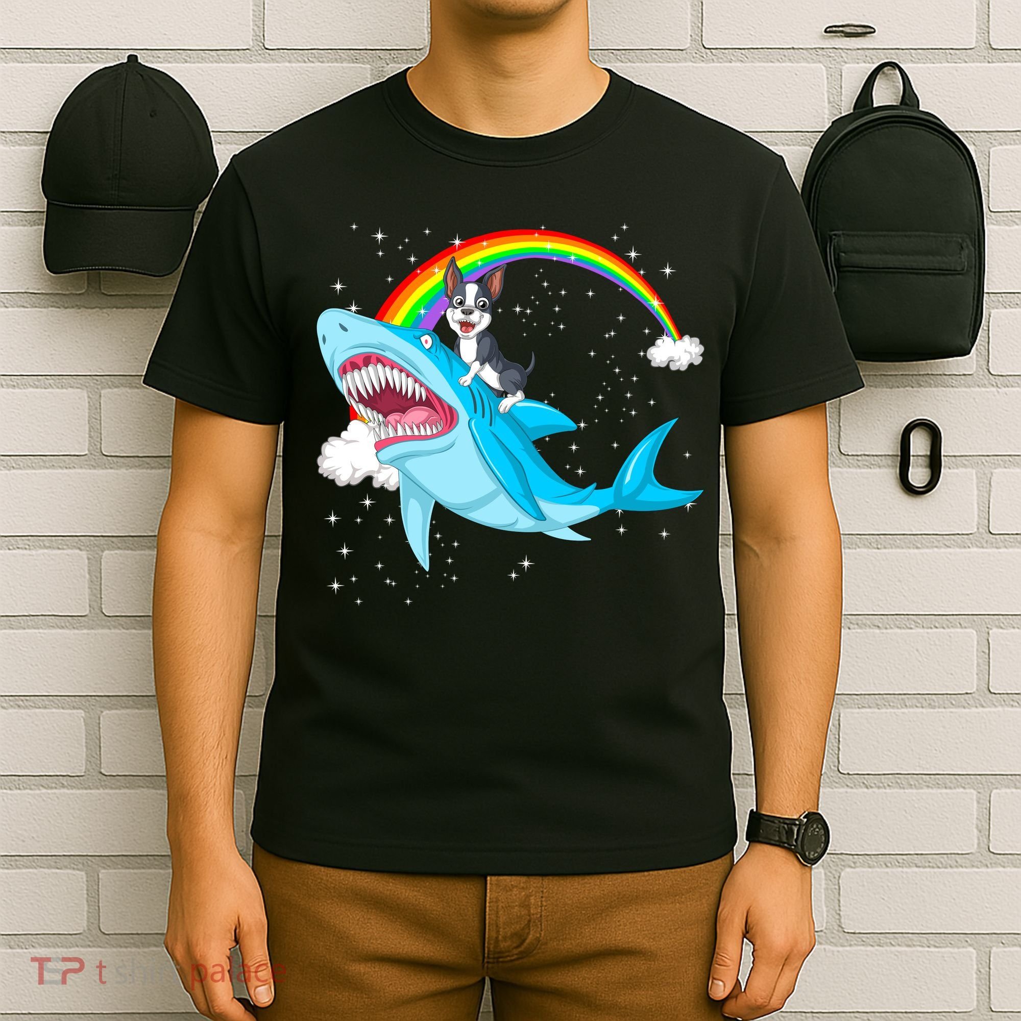 Boston Terrier Riding Shark T-Shirt