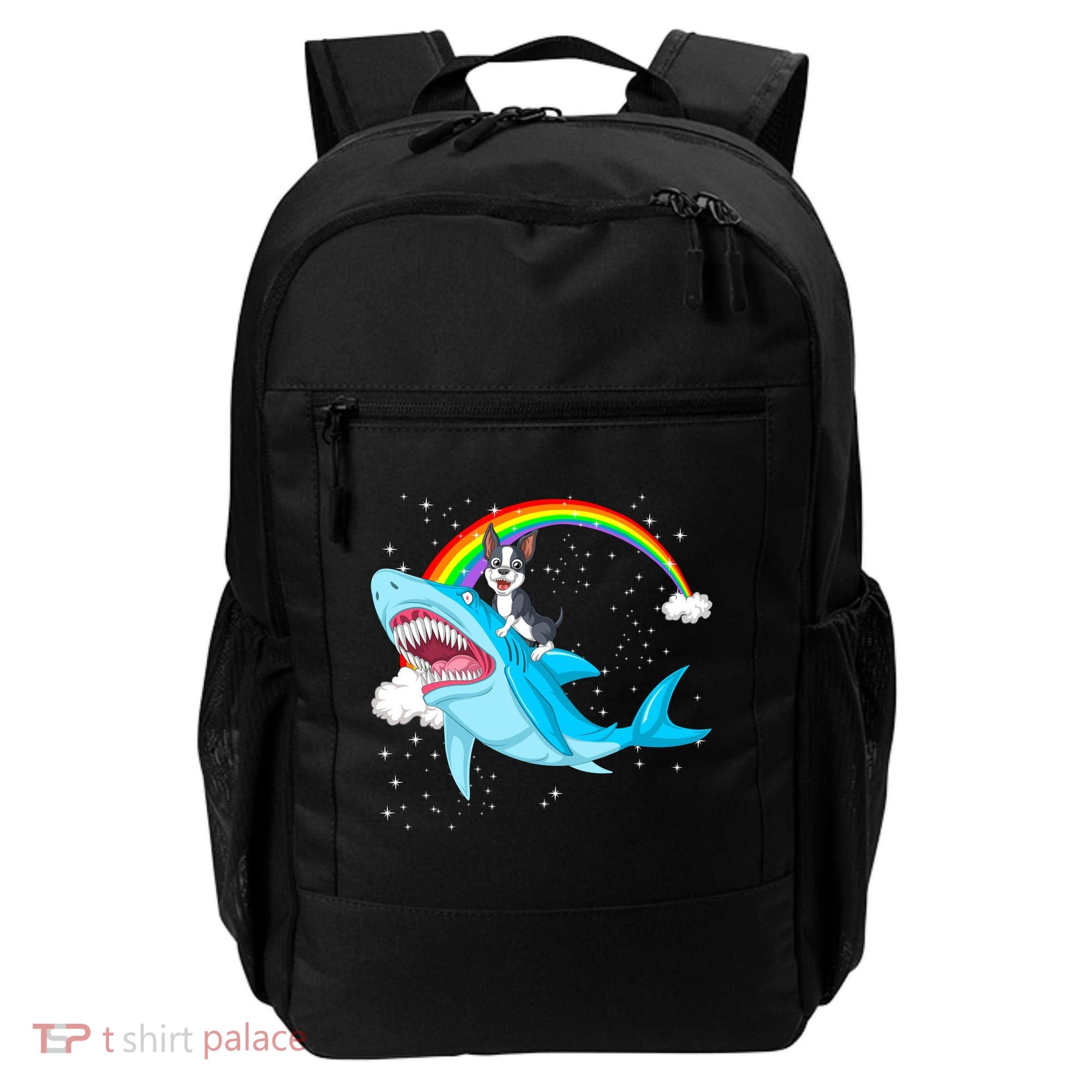 Boston Terrier Riding Shark Backpack