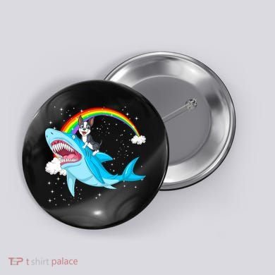 Boston Terrier Riding Shark Button