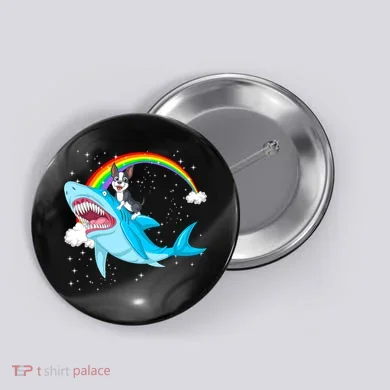 Boston Terrier Riding Shark Button