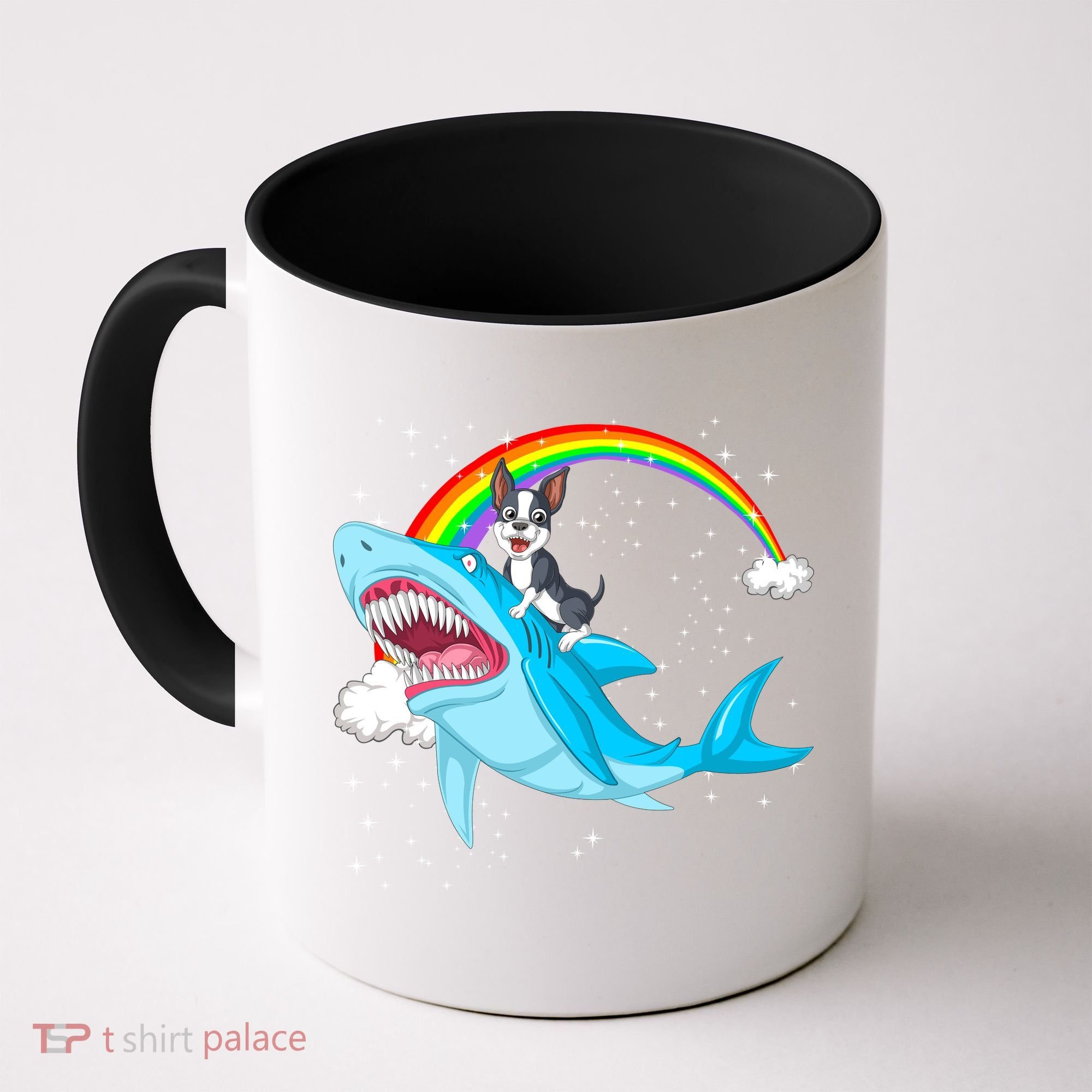 Boston Terrier Riding Shark Coffee Mug
