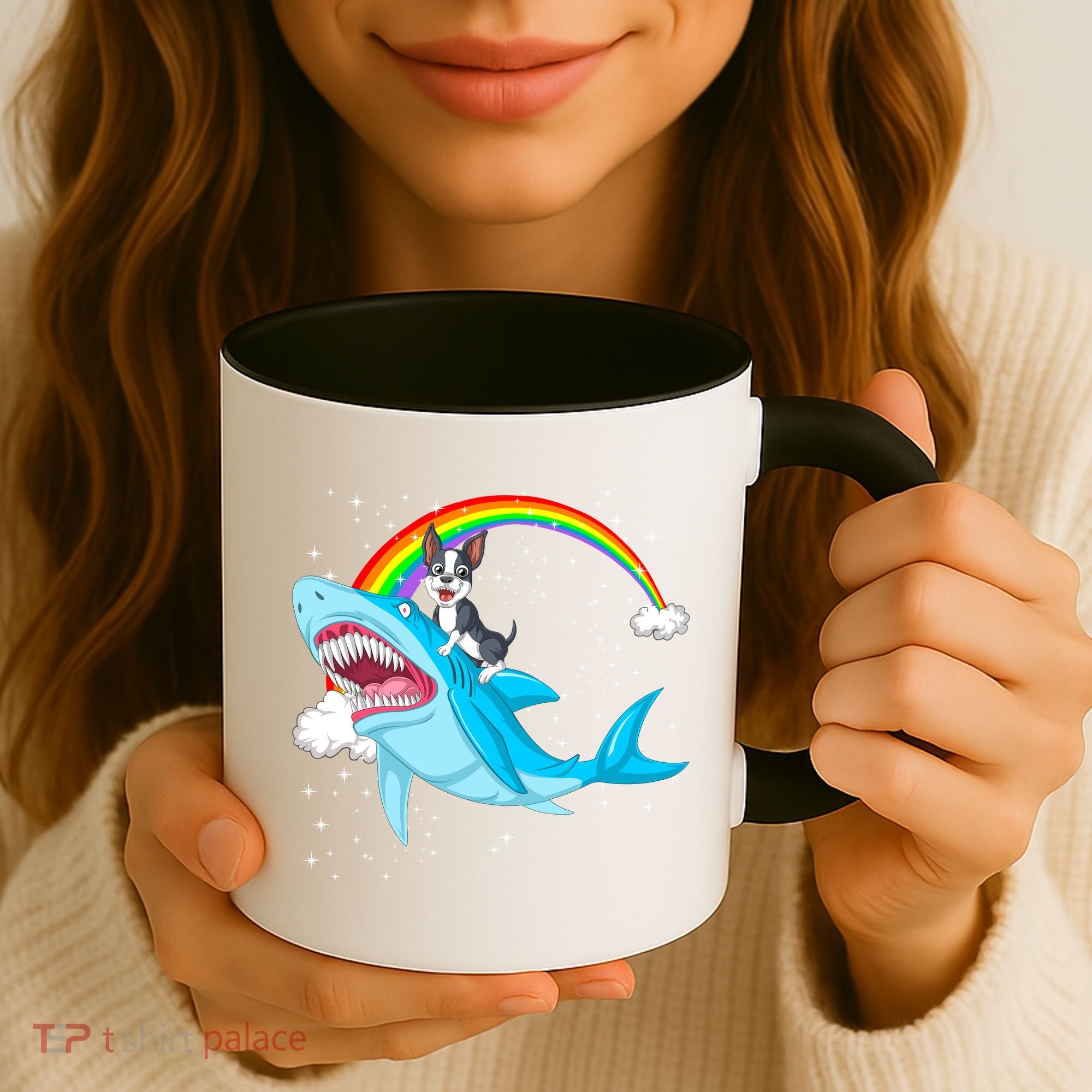 Boston Terrier Riding Shark Coffee Mug